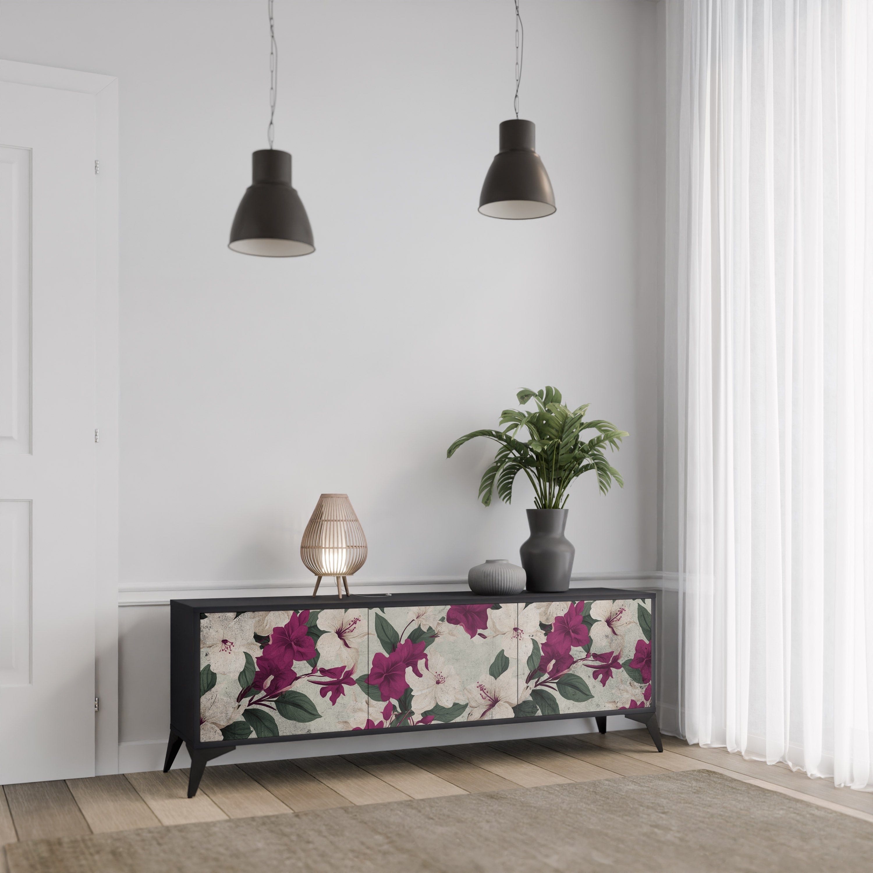 FLOWERET DREAM Τρίθυρη βάση τηλεόρασης σε μαύρο φινίρισμα