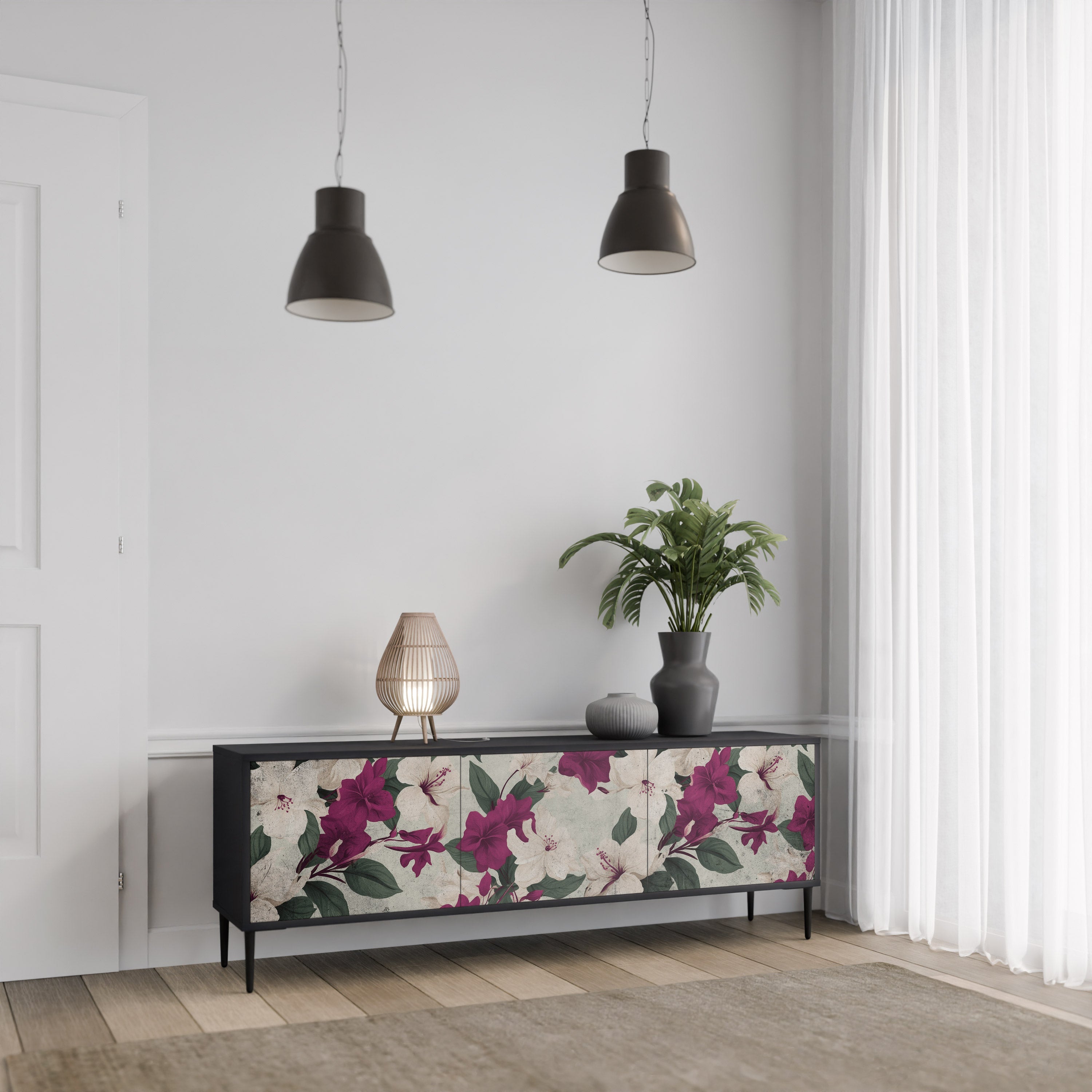FLOWERET DREAM Τρίθυρη βάση τηλεόρασης σε μαύρο φινίρισμα