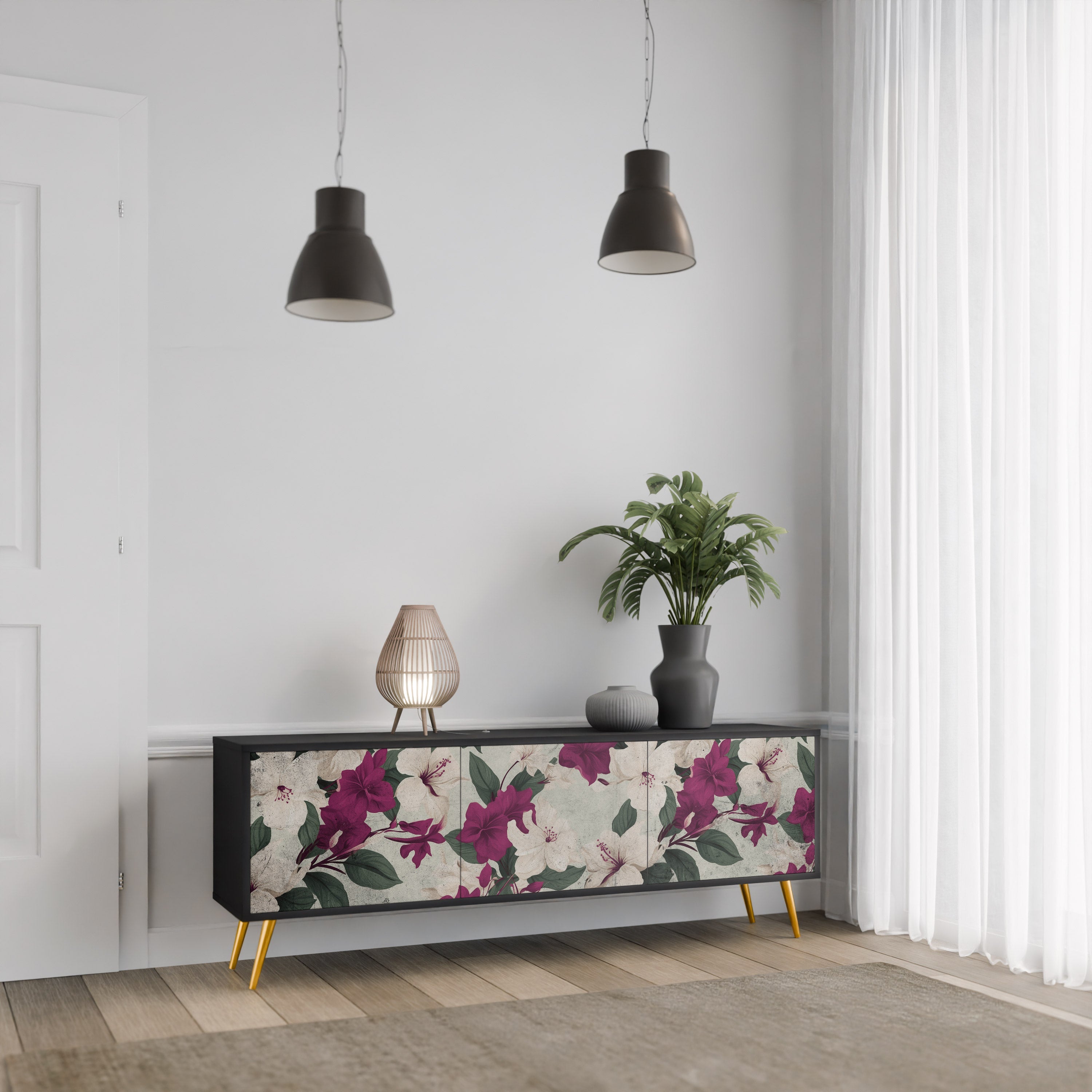 FLOWERET DREAM Τρίθυρη βάση τηλεόρασης σε μαύρο φινίρισμα