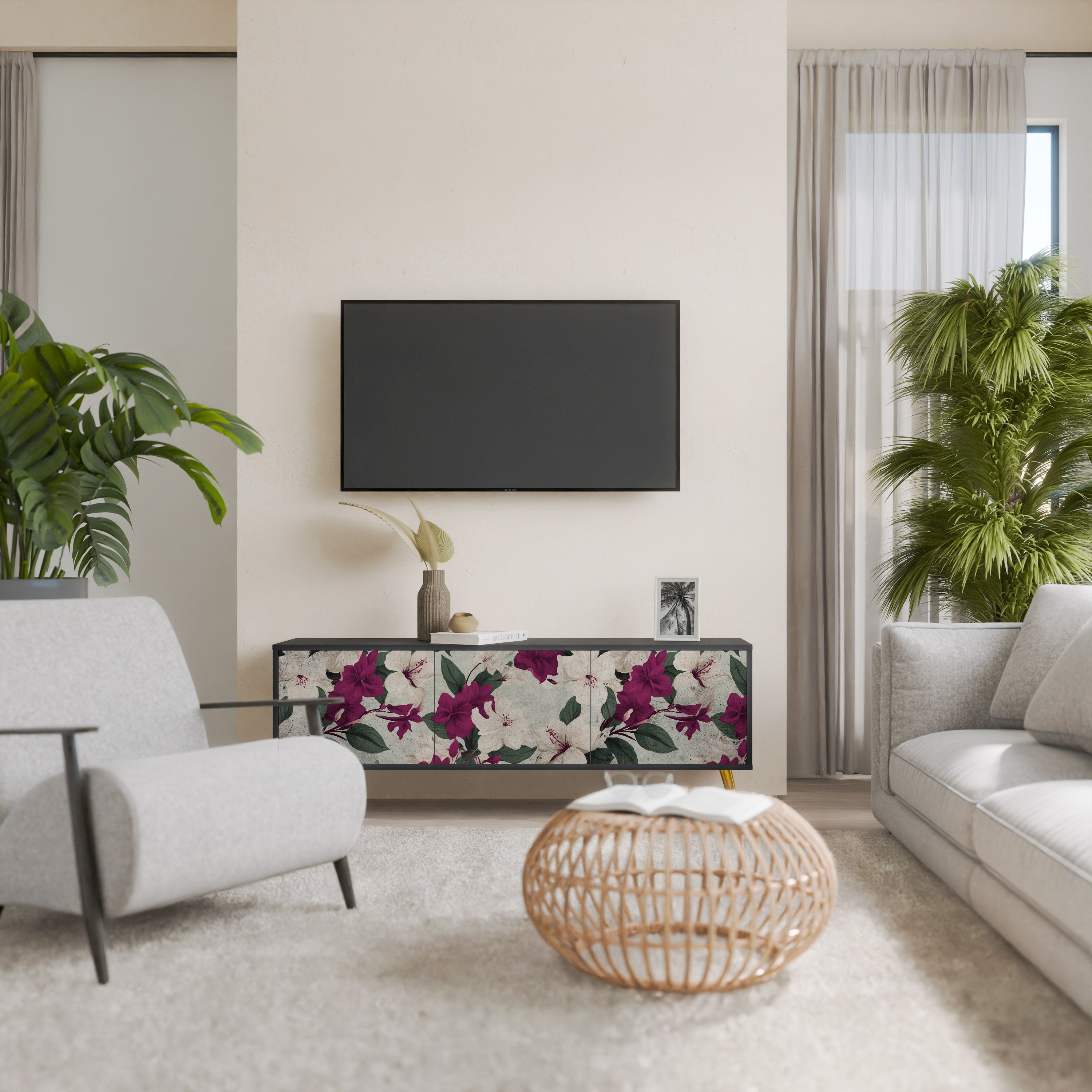 FLOWERET DREAM Τρίθυρη βάση τηλεόρασης σε μαύρο φινίρισμα