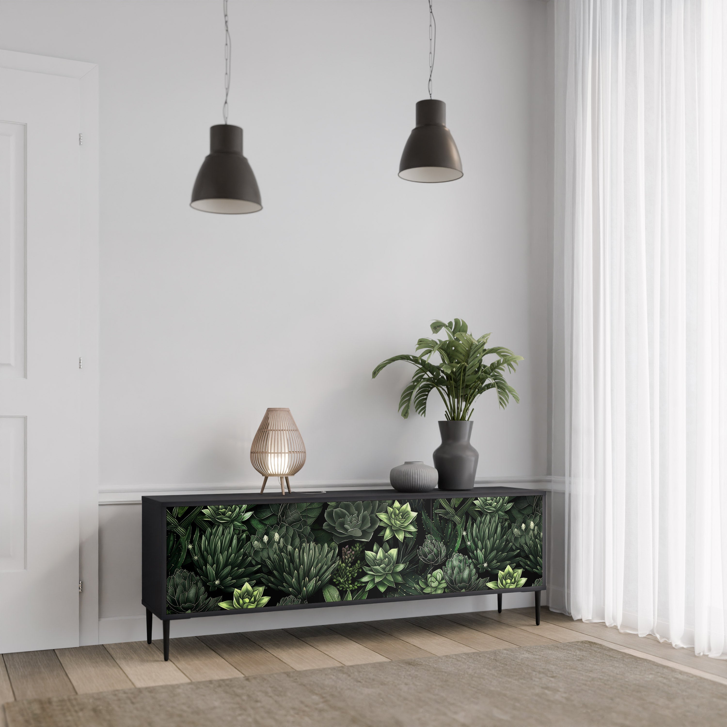 Βάση τηλεόρασης SUCCULENT JUNGLE με 3 πόρτες σε μαύρο φινίρισμα