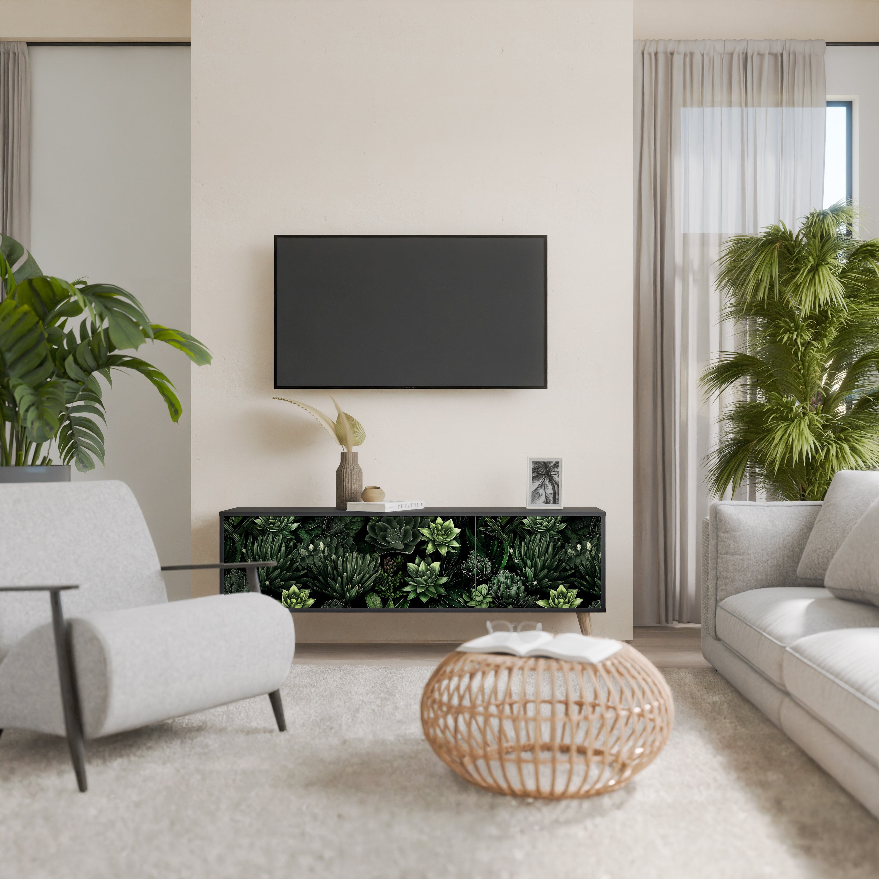 Βάση τηλεόρασης SUCCULENT JUNGLE με 3 πόρτες σε μαύρο φινίρισμα
