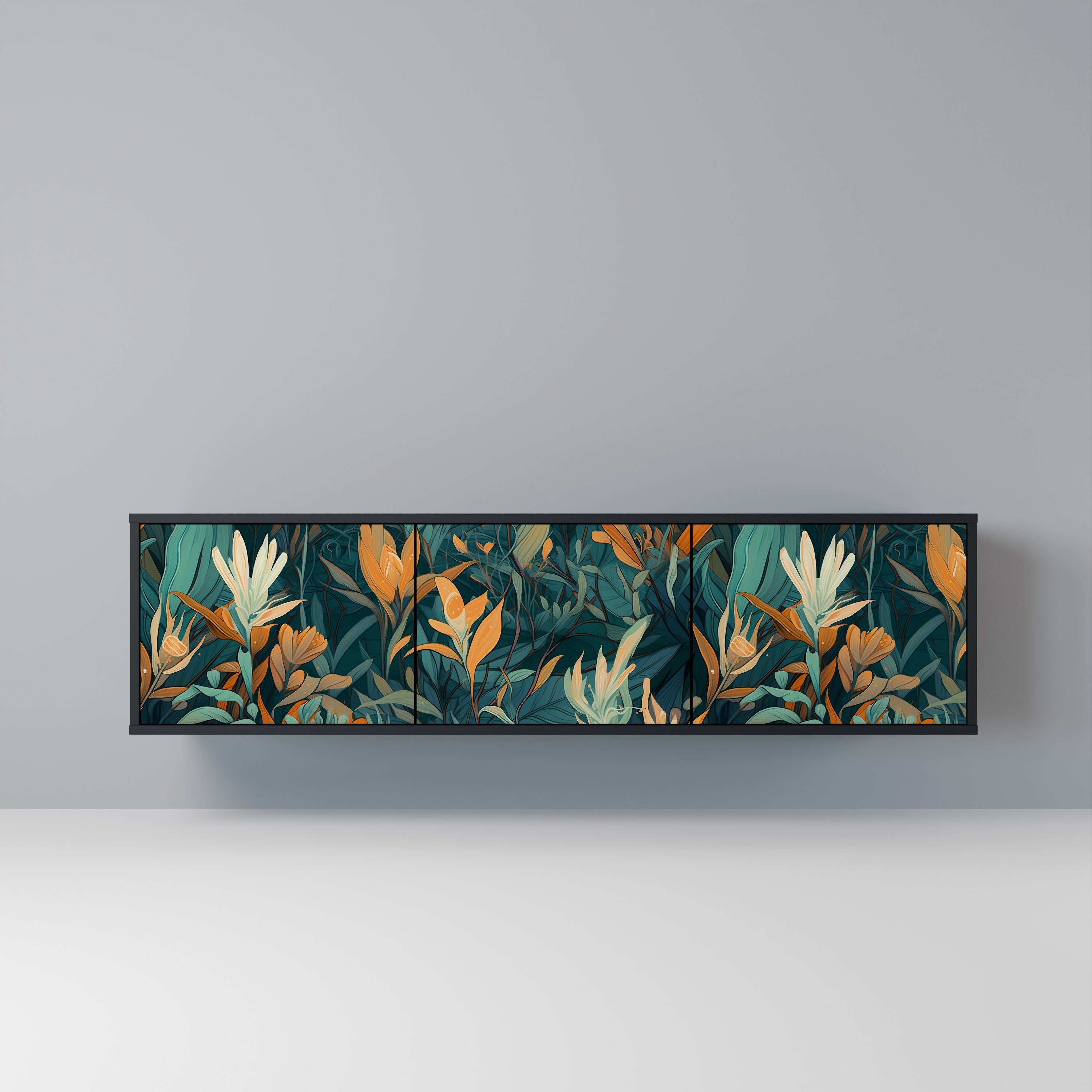 Βάση τηλεόρασης FLORAL SERENITY με 3 πόρτες σε μαύρο φινίρισμα