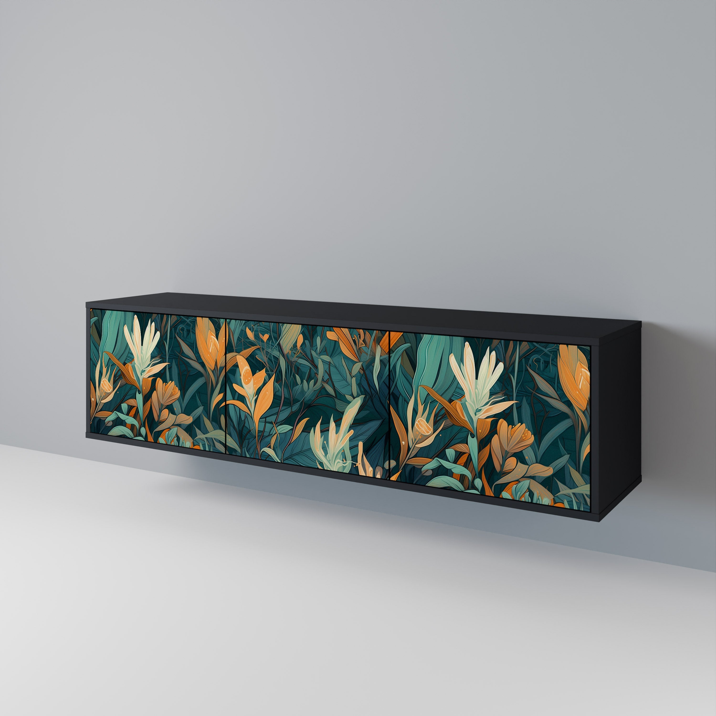 Βάση τηλεόρασης FLORAL SERENITY με 3 πόρτες σε μαύρο φινίρισμα