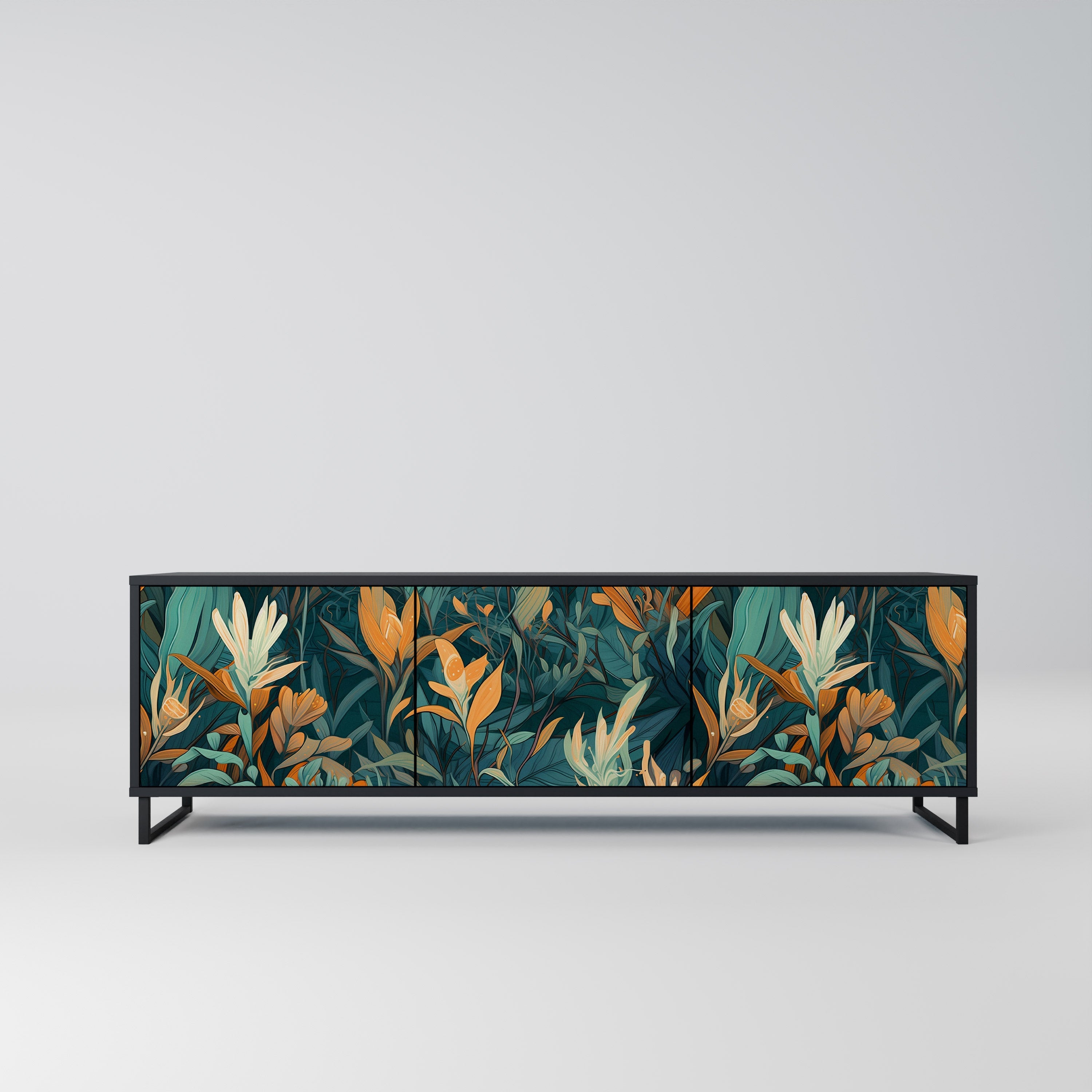 Βάση τηλεόρασης FLORAL SERENITY με 3 πόρτες σε μαύρο φινίρισμα
