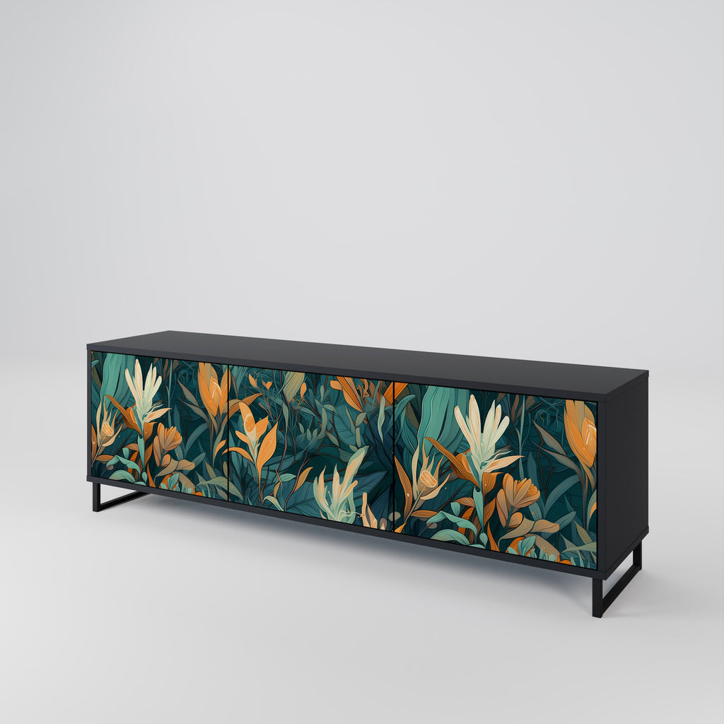 Βάση τηλεόρασης FLORAL SERENITY με 3 πόρτες σε μαύρο φινίρισμα