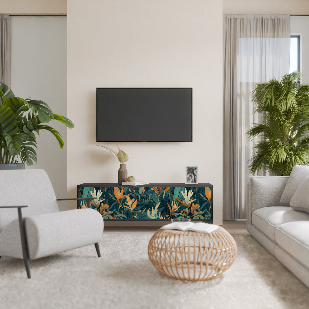 Βάση τηλεόρασης FLORAL SERENITY με 3 πόρτες σε μαύρο φινίρισμα