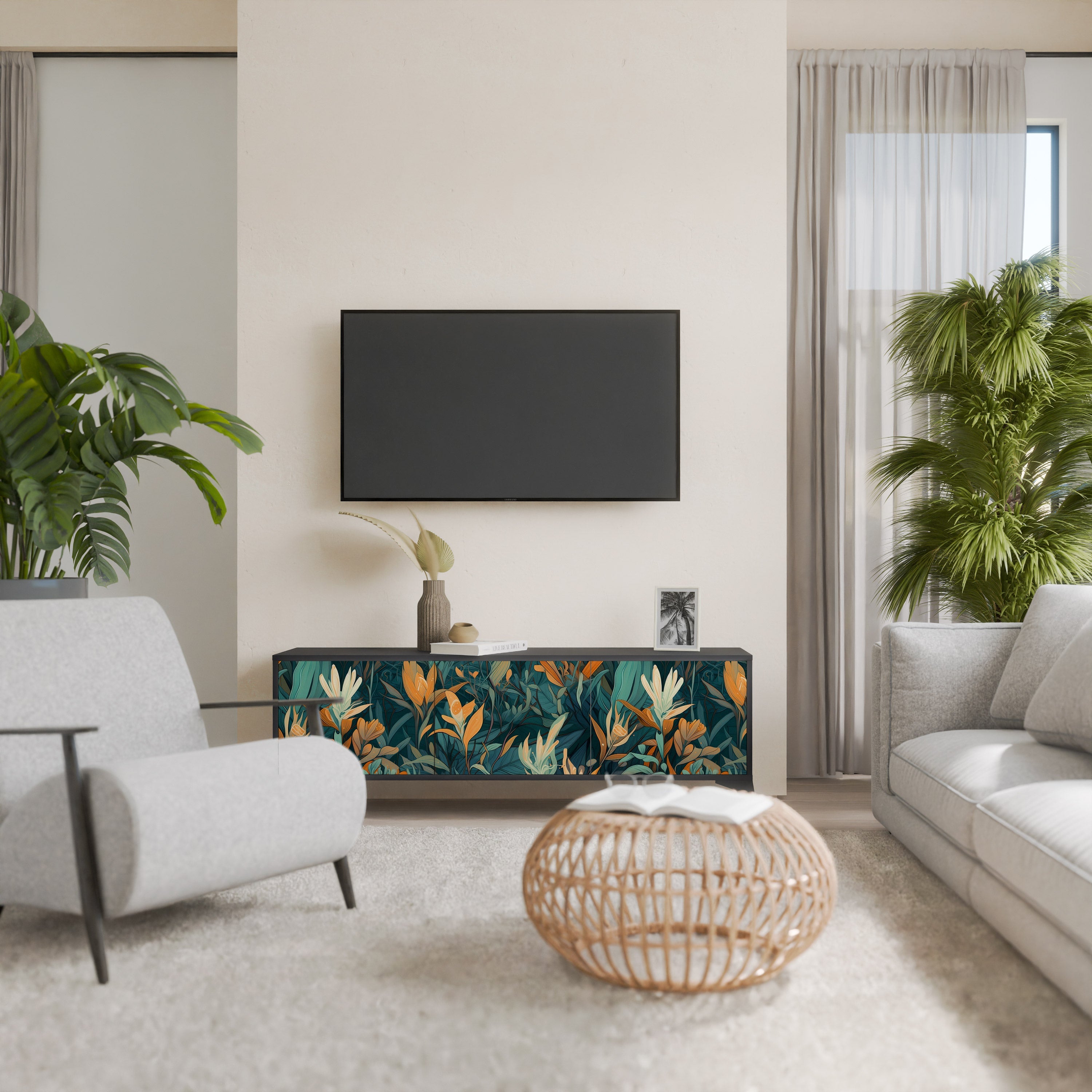 Βάση τηλεόρασης FLORAL SERENITY με 3 πόρτες σε μαύρο φινίρισμα