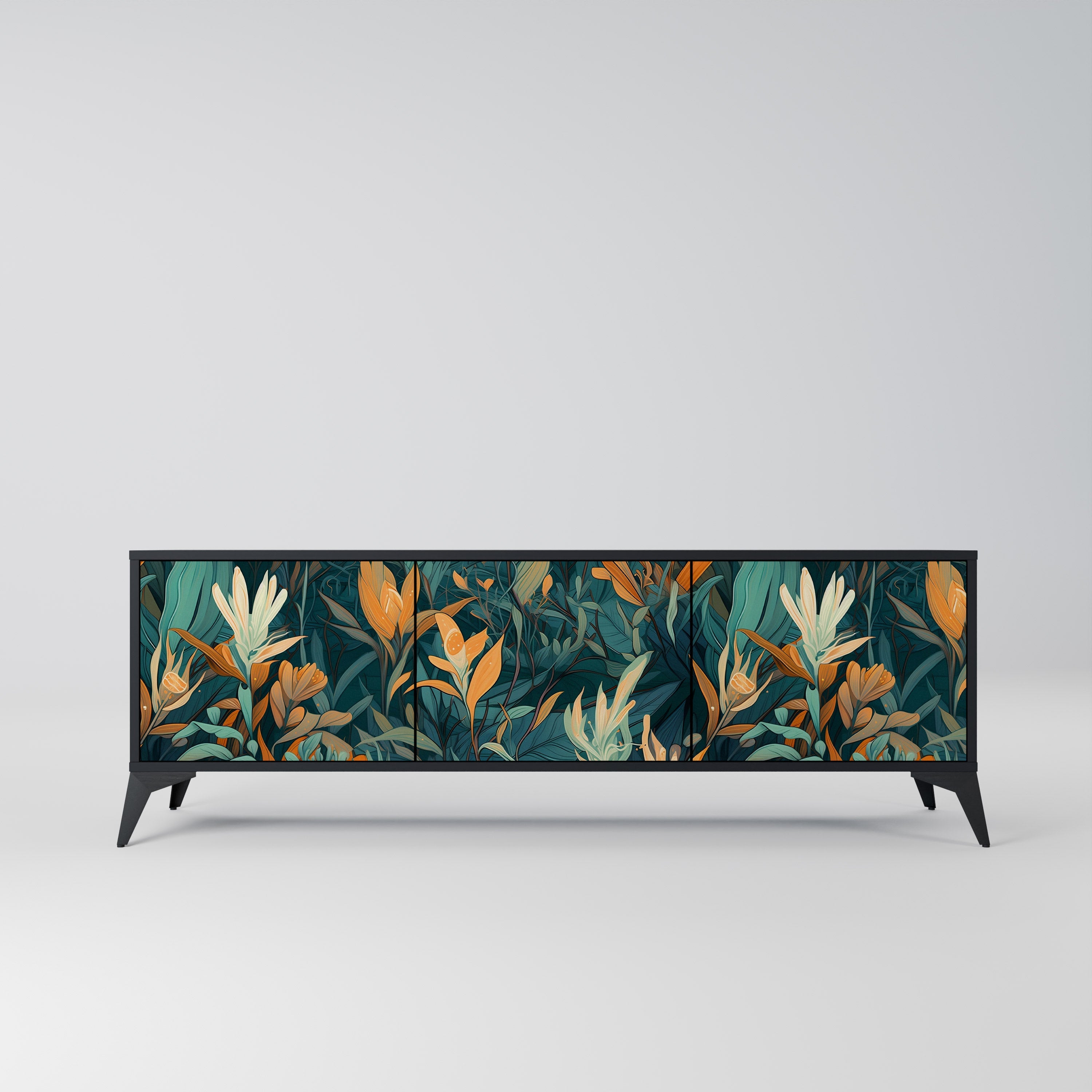 Βάση τηλεόρασης FLORAL SERENITY με 3 πόρτες σε μαύρο φινίρισμα