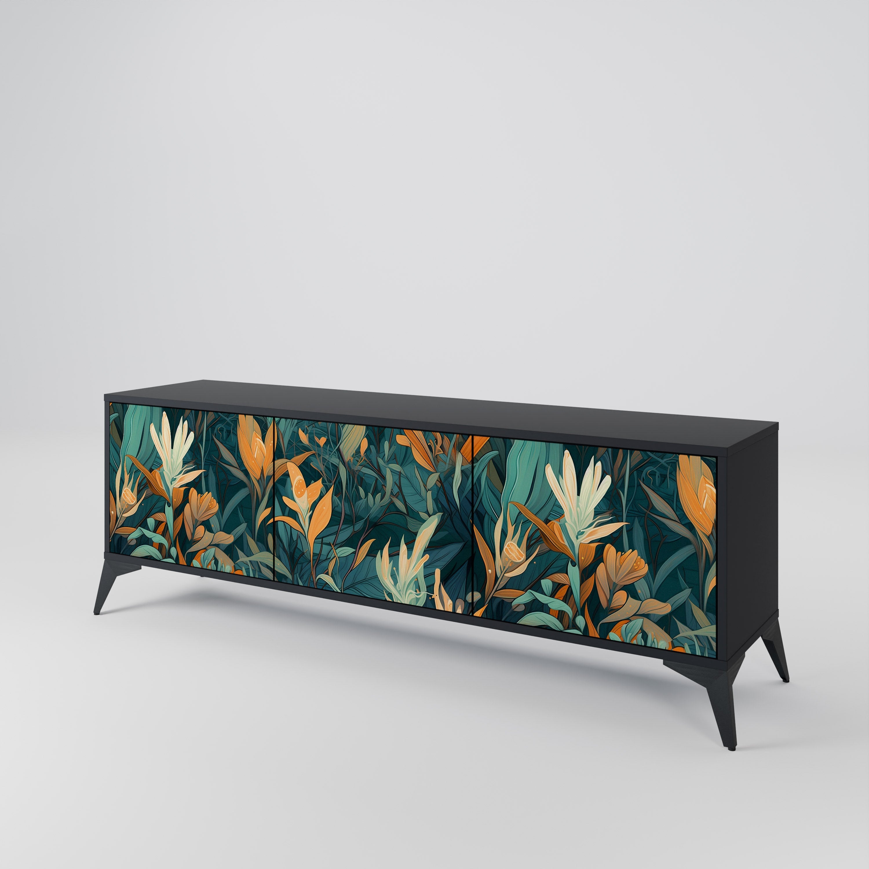 Βάση τηλεόρασης FLORAL SERENITY με 3 πόρτες σε μαύρο φινίρισμα