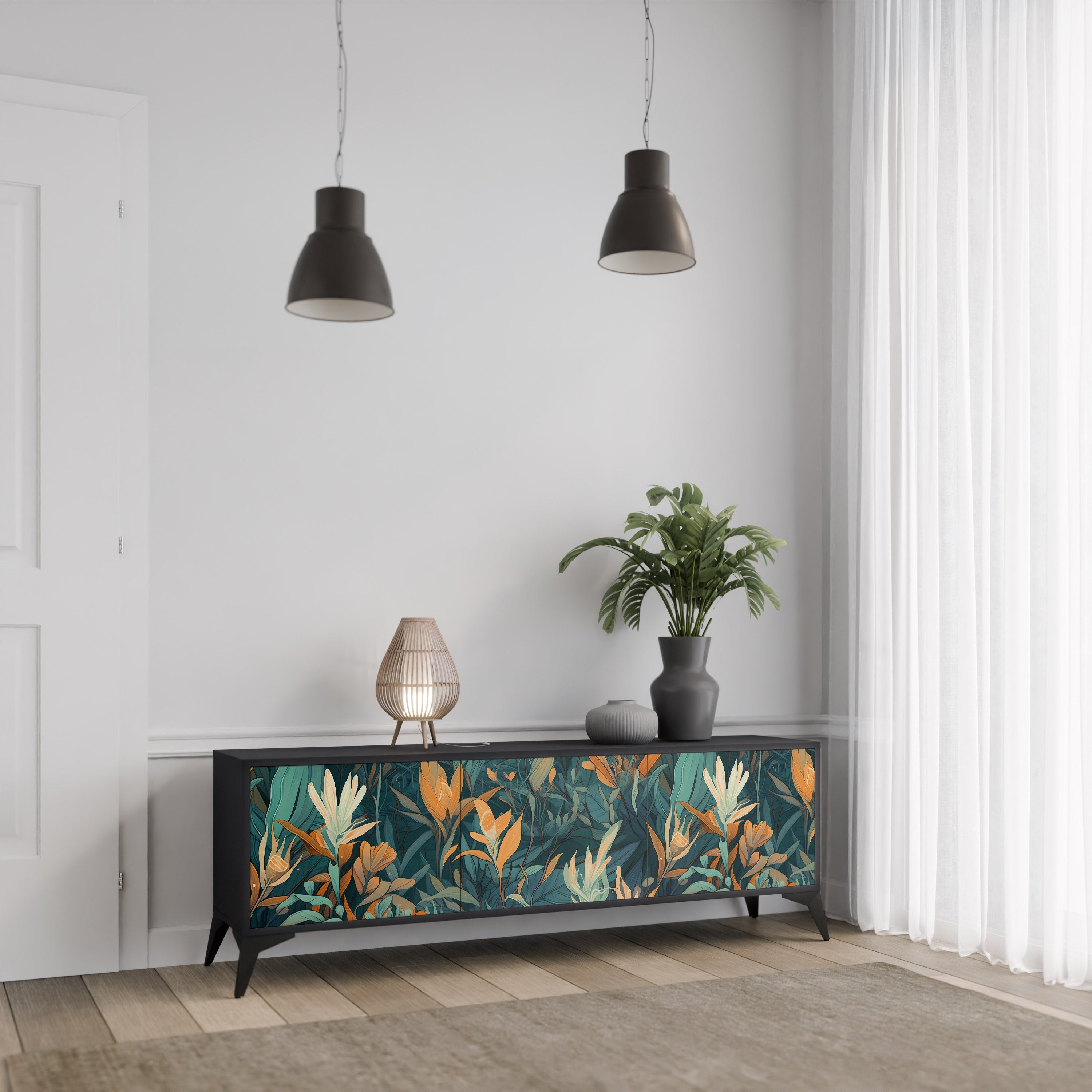 Βάση τηλεόρασης FLORAL SERENITY με 3 πόρτες σε μαύρο φινίρισμα