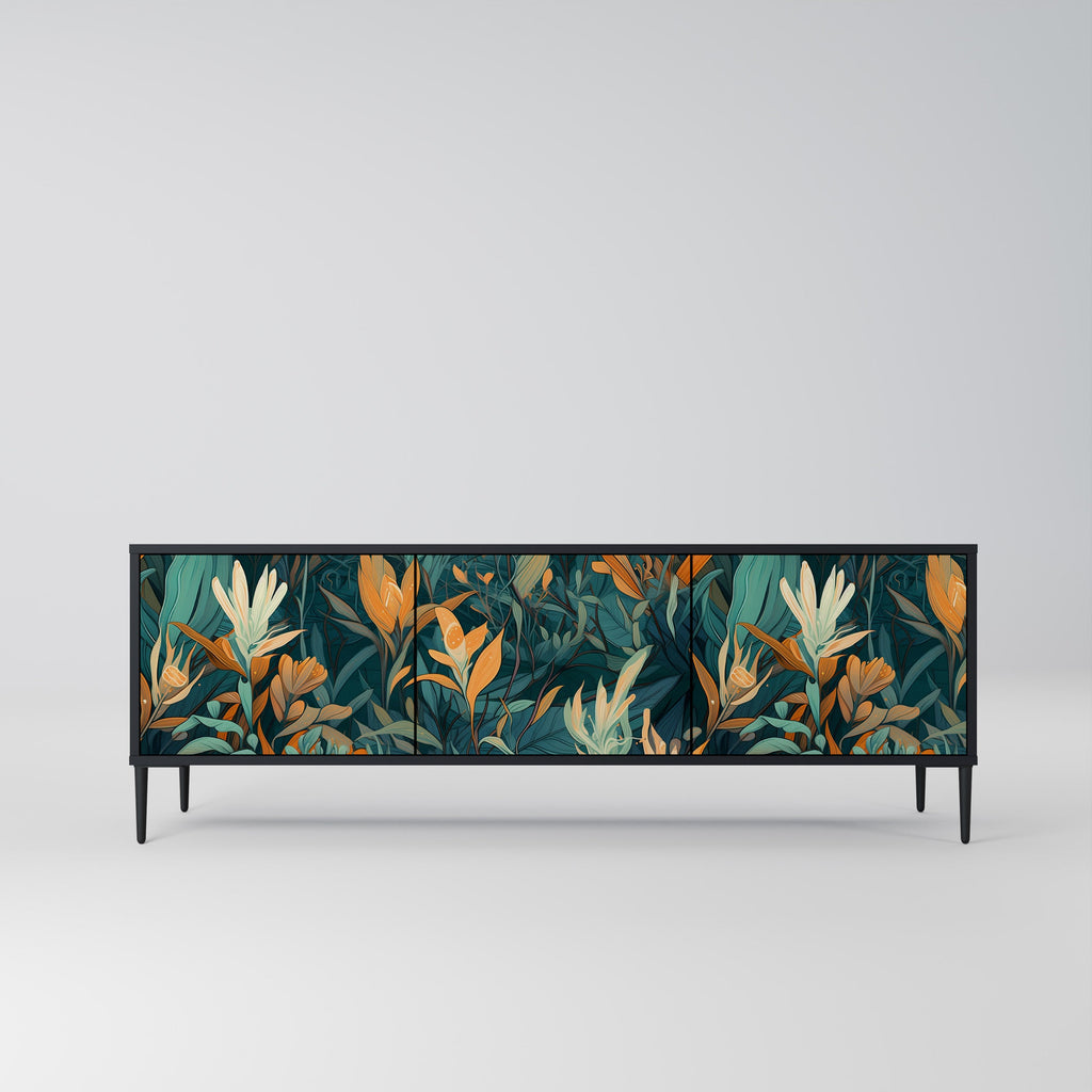 Βάση τηλεόρασης FLORAL SERENITY με 3 πόρτες σε μαύρο φινίρισμα