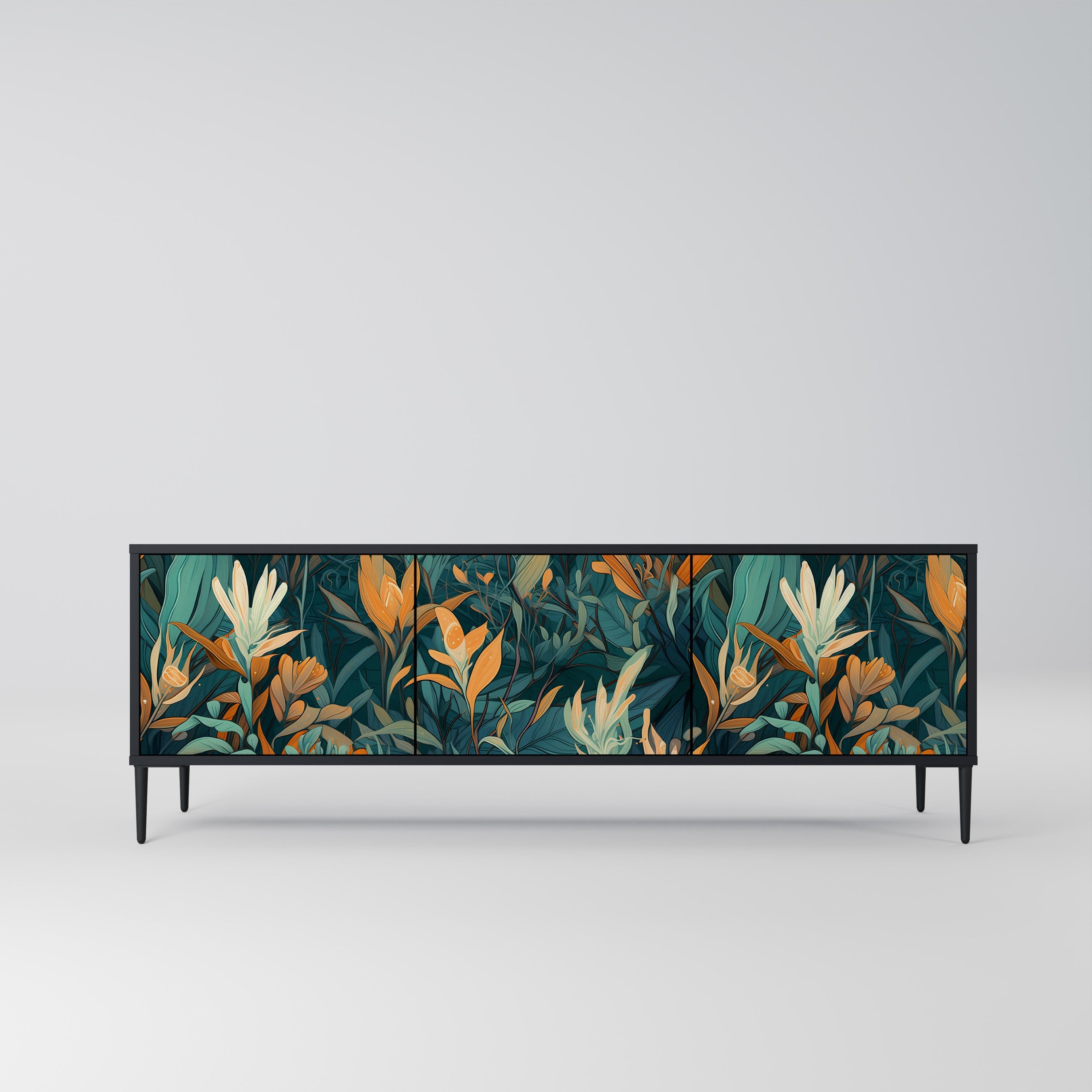 Βάση τηλεόρασης FLORAL SERENITY με 3 πόρτες σε μαύρο φινίρισμα