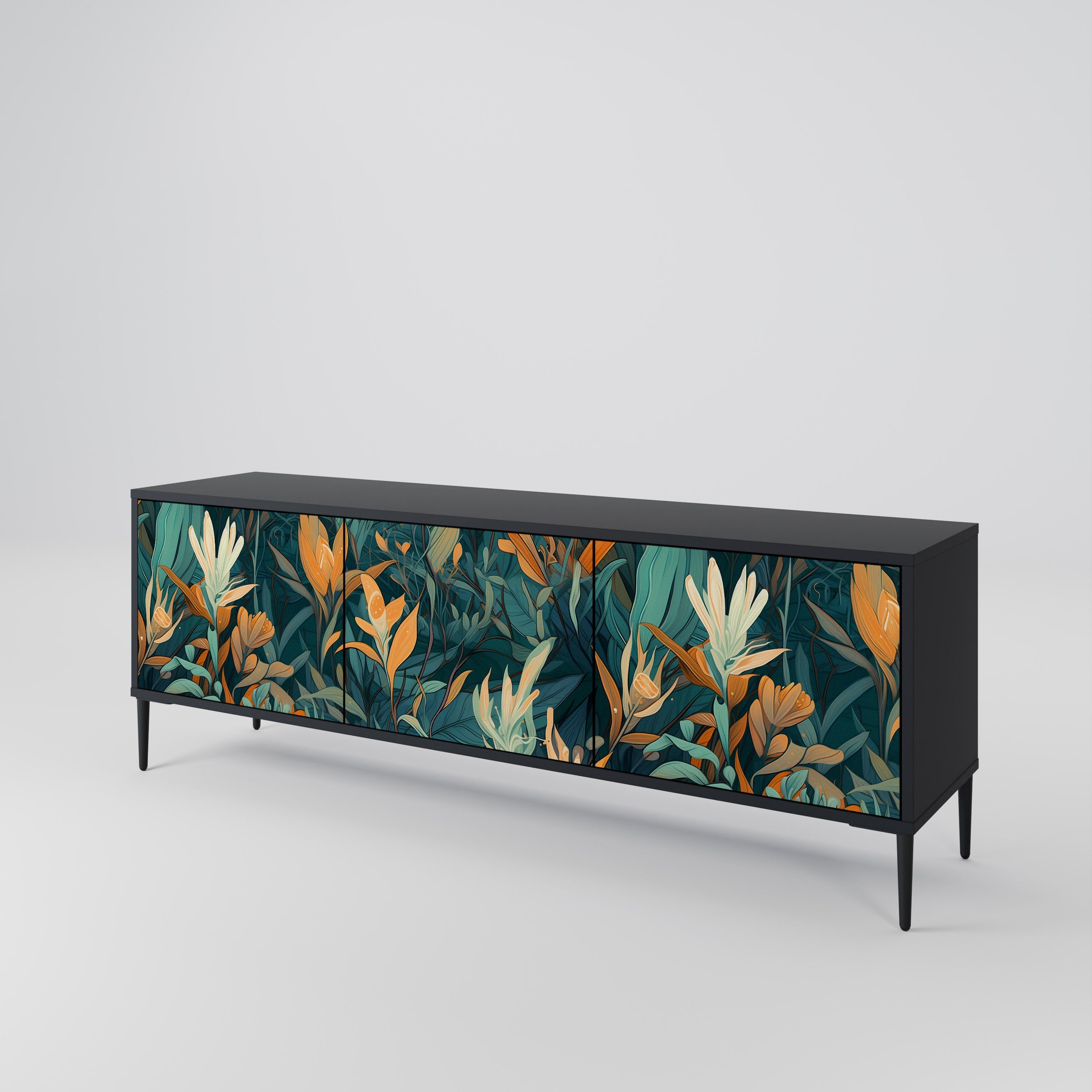 Βάση τηλεόρασης FLORAL SERENITY με 3 πόρτες σε μαύρο φινίρισμα