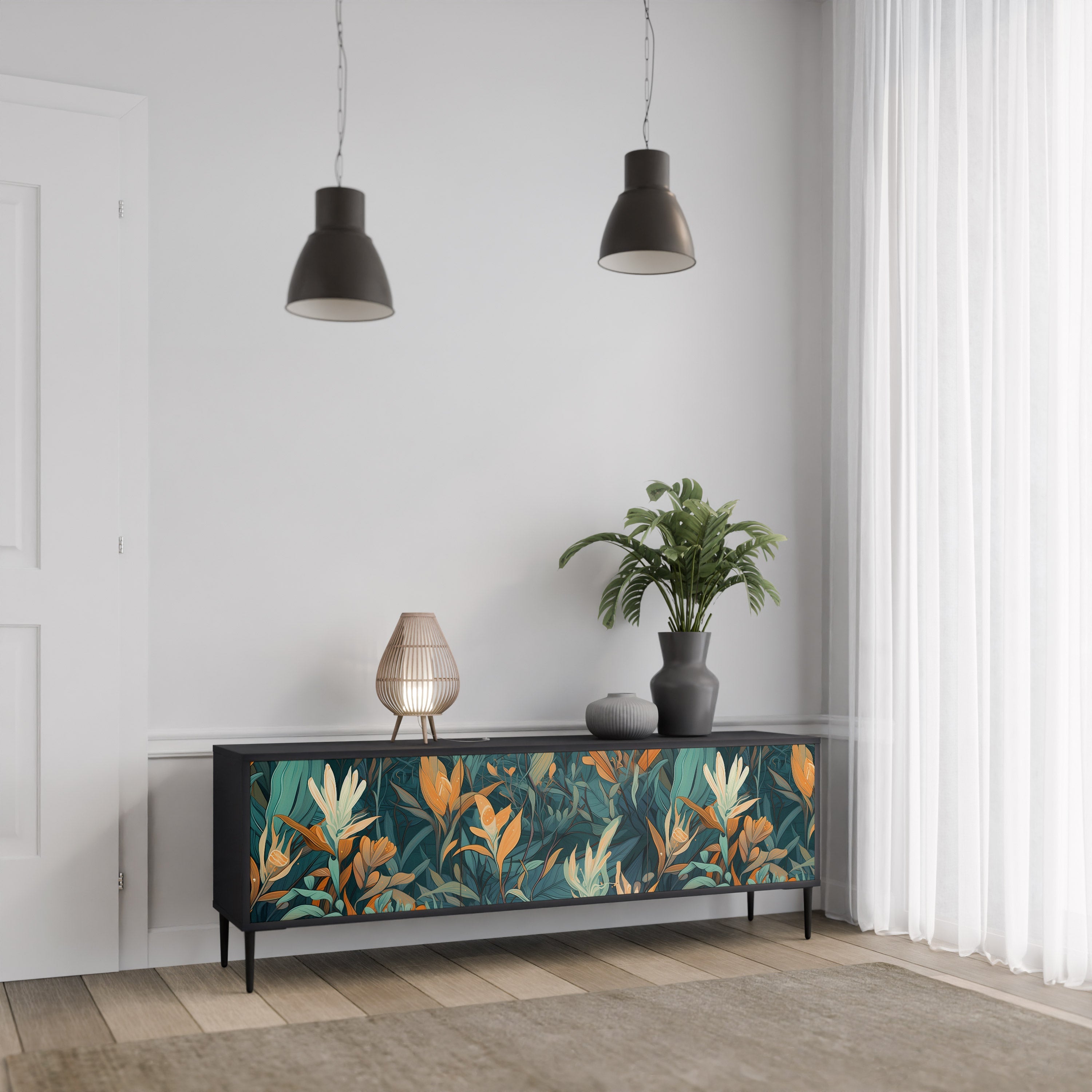 Βάση τηλεόρασης FLORAL SERENITY με 3 πόρτες σε μαύρο φινίρισμα