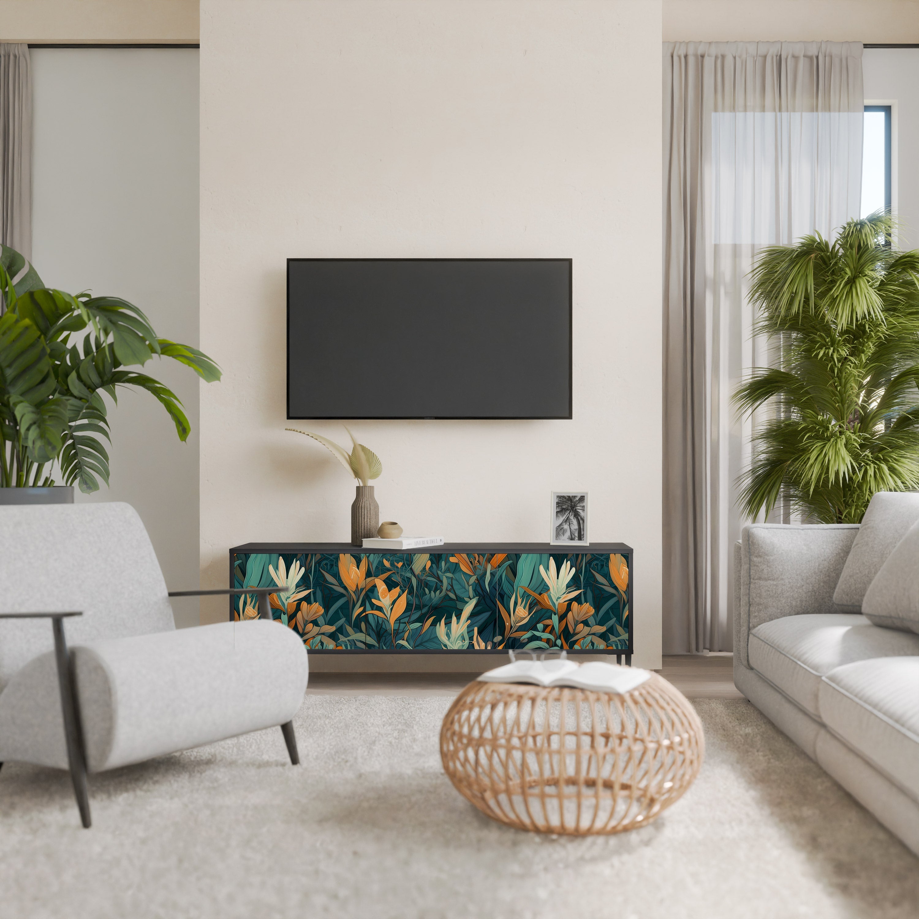 Βάση τηλεόρασης FLORAL SERENITY με 3 πόρτες σε μαύρο φινίρισμα