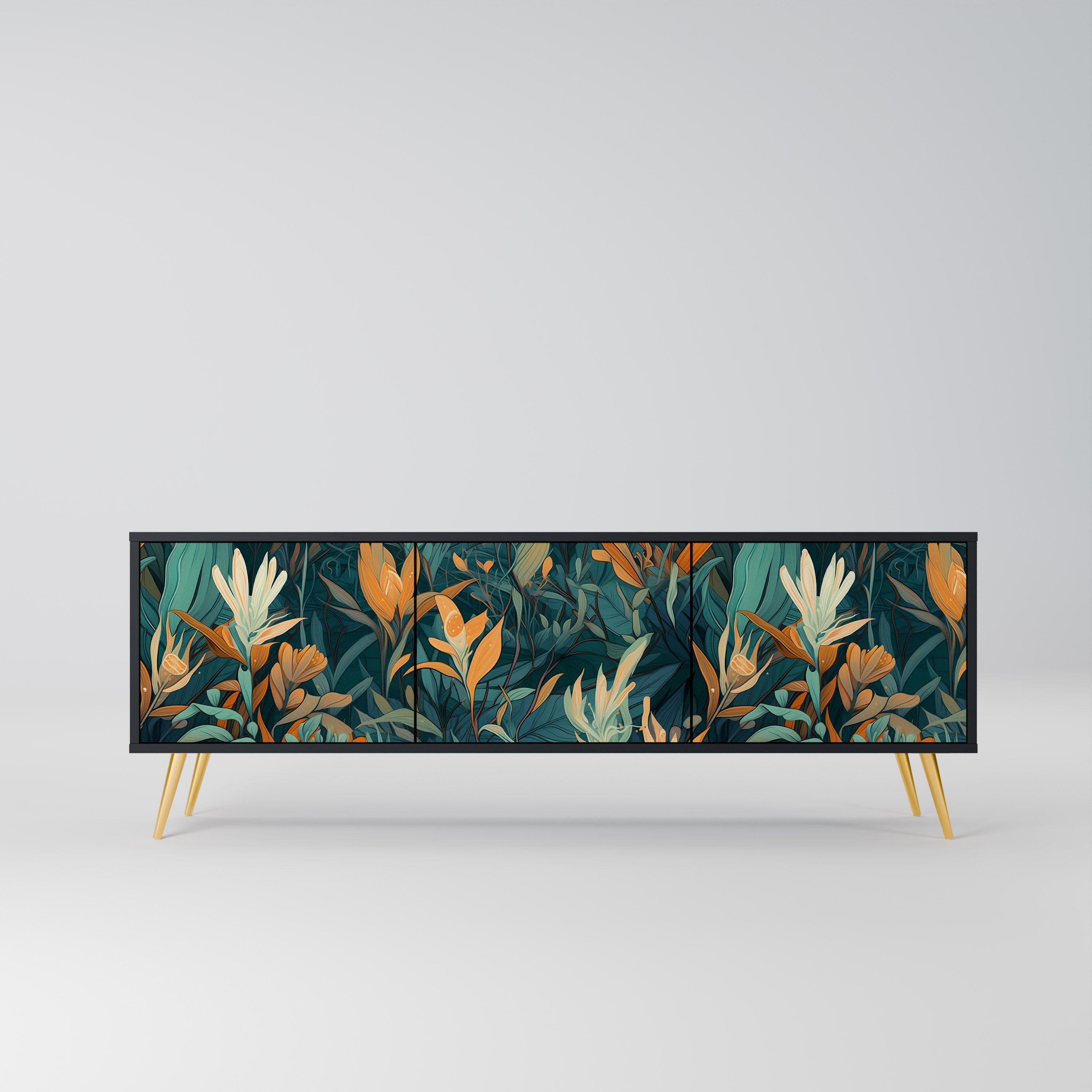 Βάση τηλεόρασης FLORAL SERENITY με 3 πόρτες σε μαύρο φινίρισμα