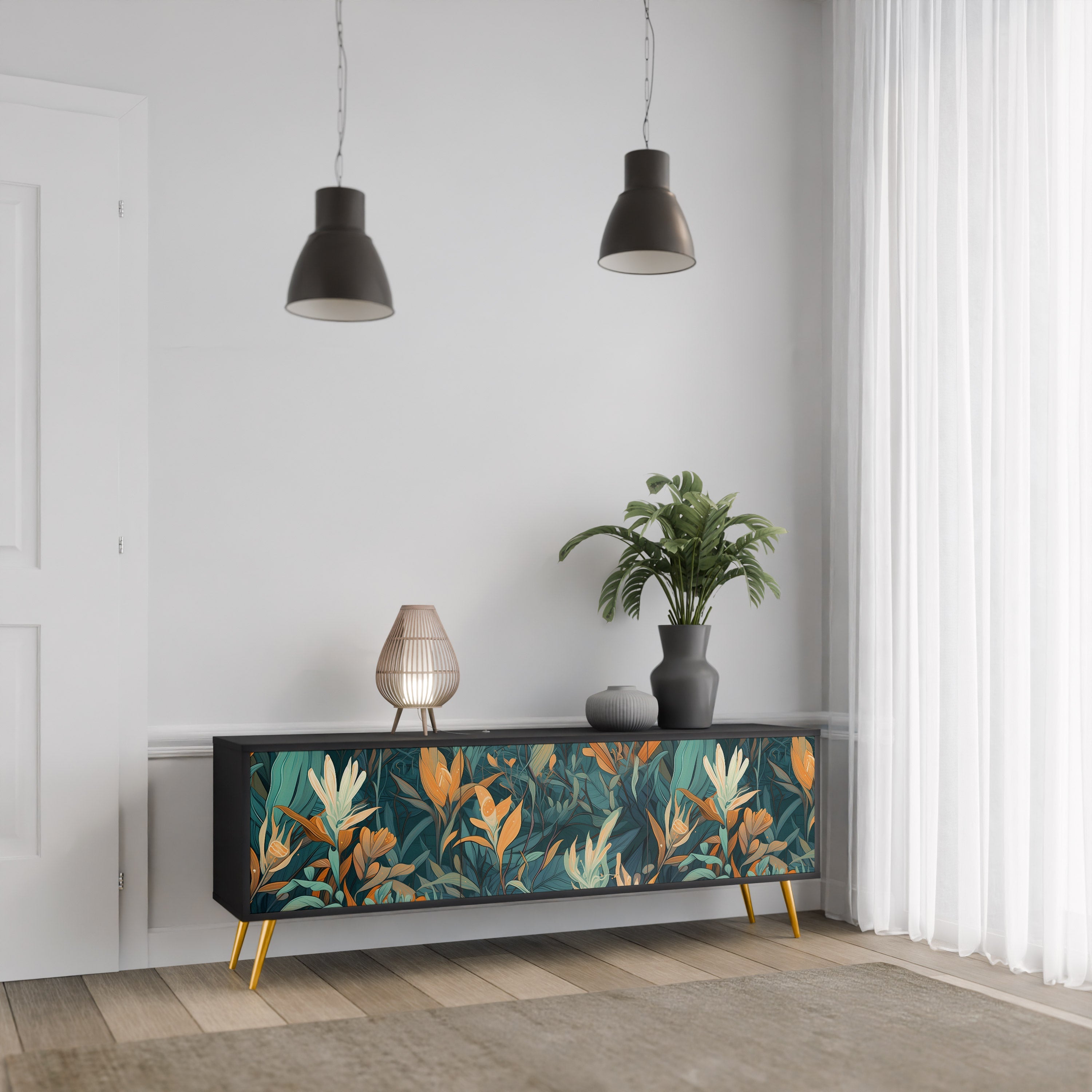 Βάση τηλεόρασης FLORAL SERENITY με 3 πόρτες σε μαύρο φινίρισμα