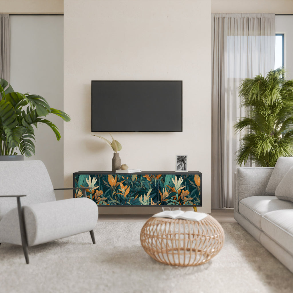 Βάση τηλεόρασης FLORAL SERENITY με 3 πόρτες σε μαύρο φινίρισμα