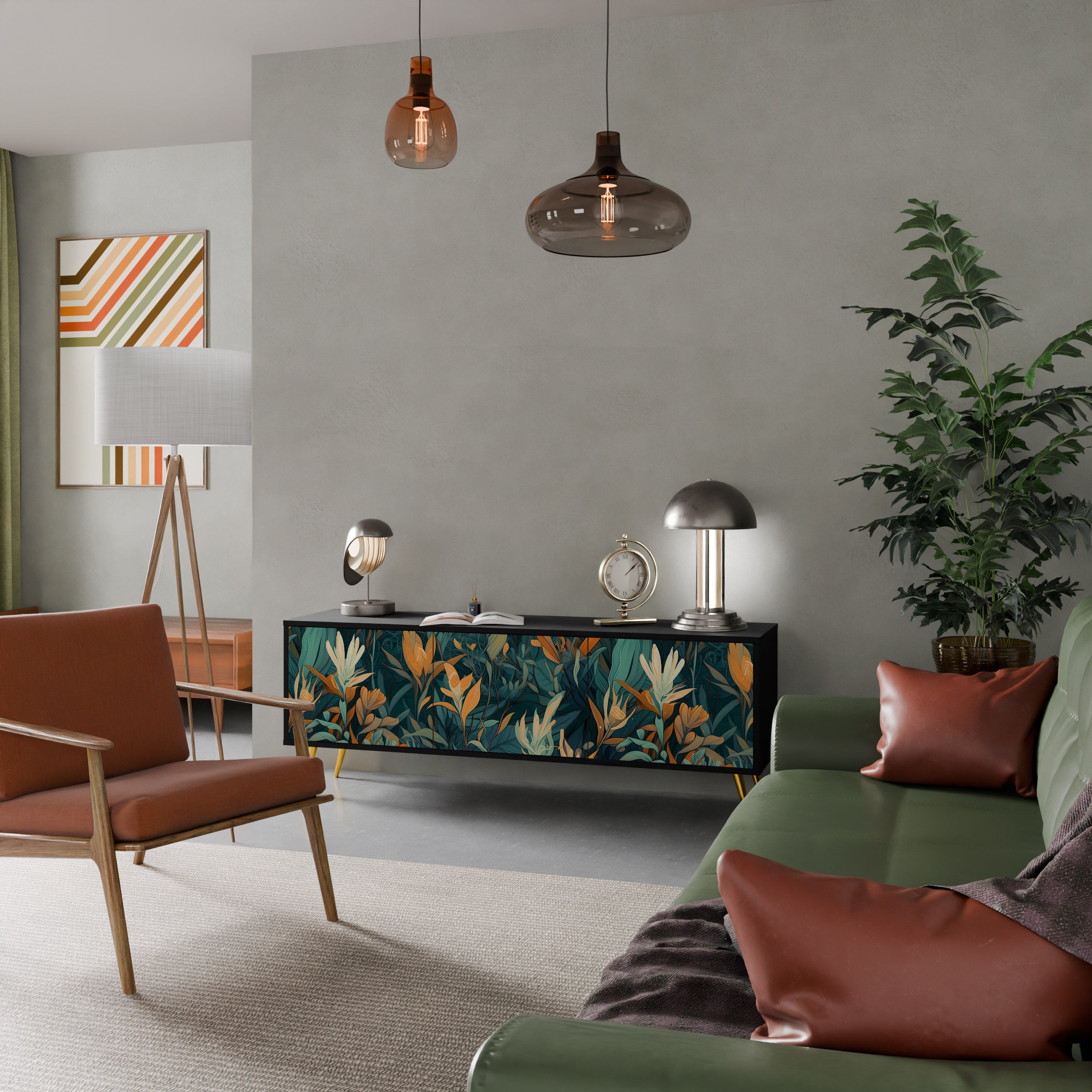 Βάση τηλεόρασης FLORAL SERENITY με 3 πόρτες σε μαύρο φινίρισμα