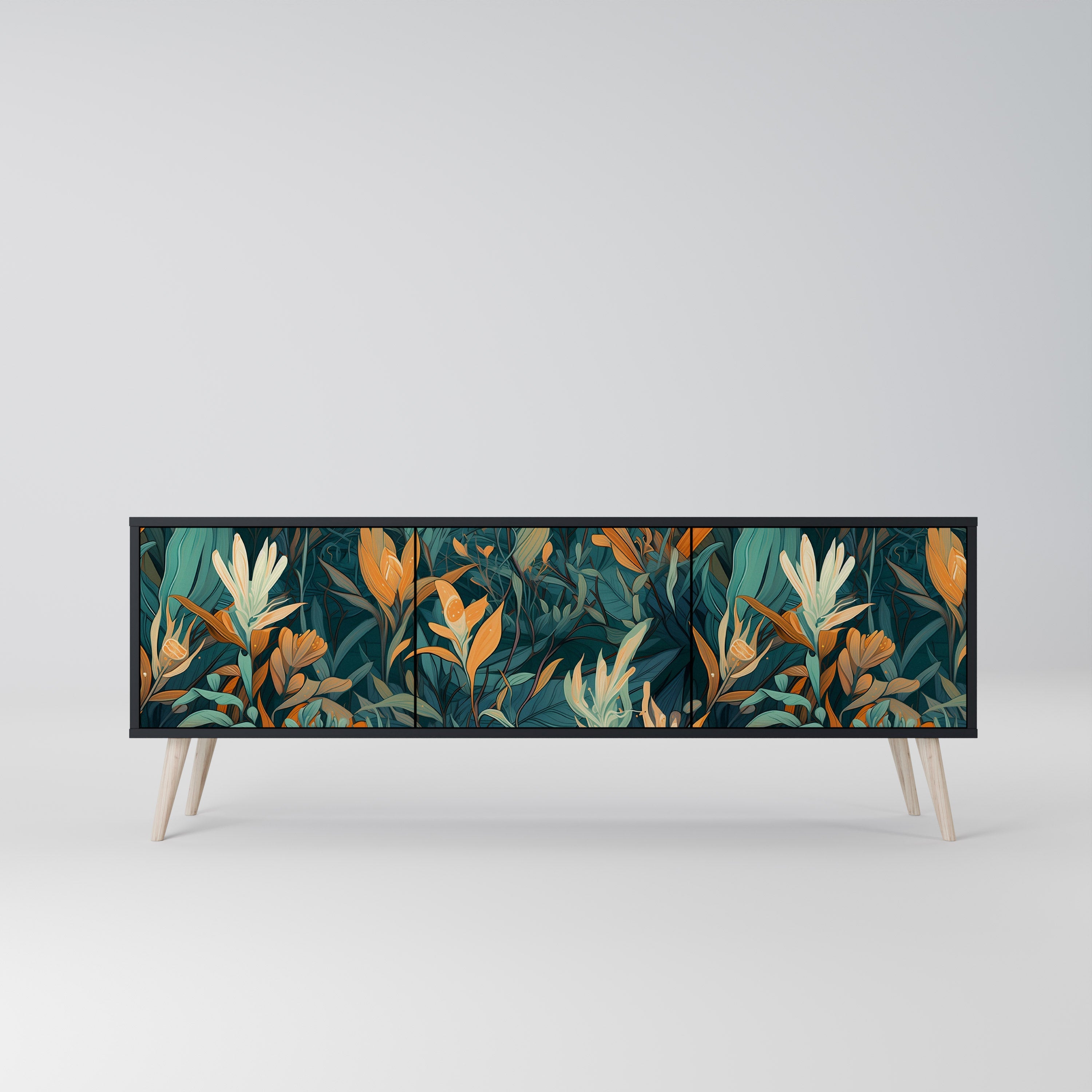 Βάση τηλεόρασης FLORAL SERENITY με 3 πόρτες σε μαύρο φινίρισμα