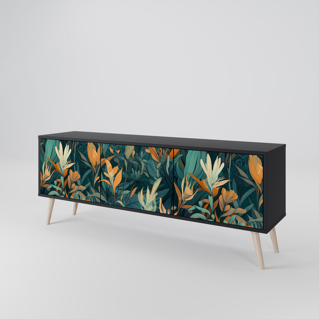 Βάση τηλεόρασης FLORAL SERENITY με 3 πόρτες σε μαύρο φινίρισμα