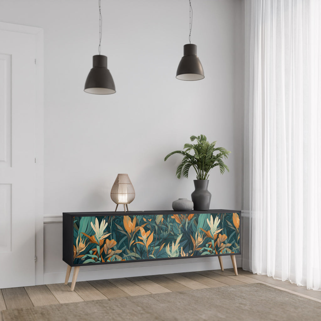 Βάση τηλεόρασης FLORAL SERENITY με 3 πόρτες σε μαύρο φινίρισμα