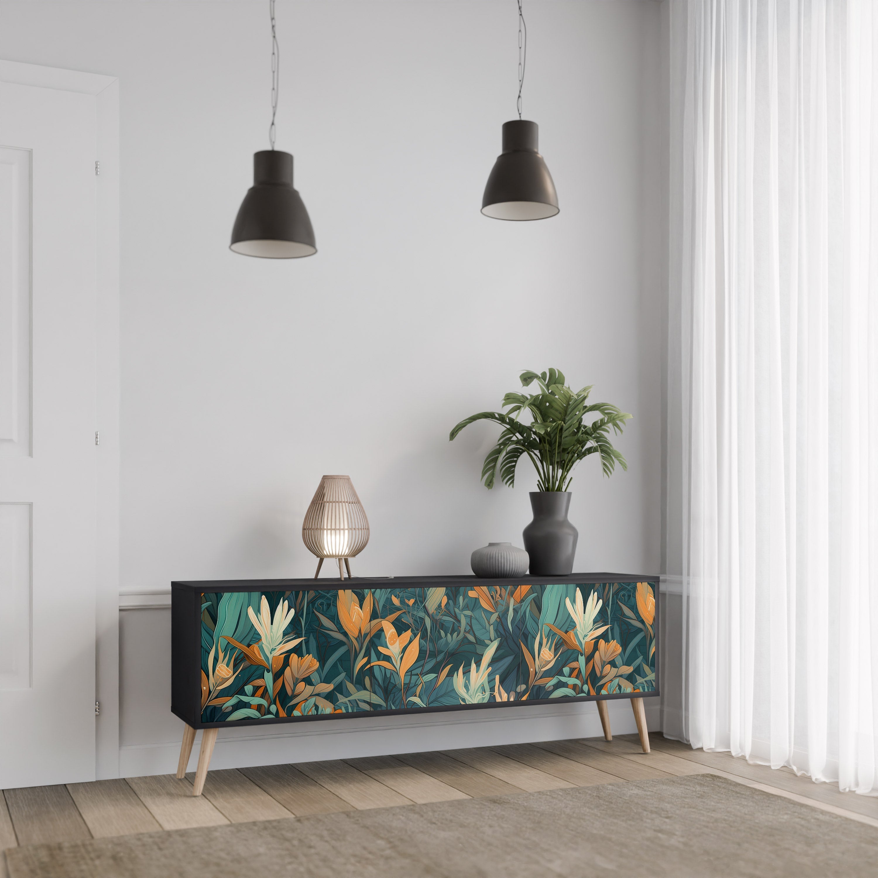 Βάση τηλεόρασης FLORAL SERENITY με 3 πόρτες σε μαύρο φινίρισμα