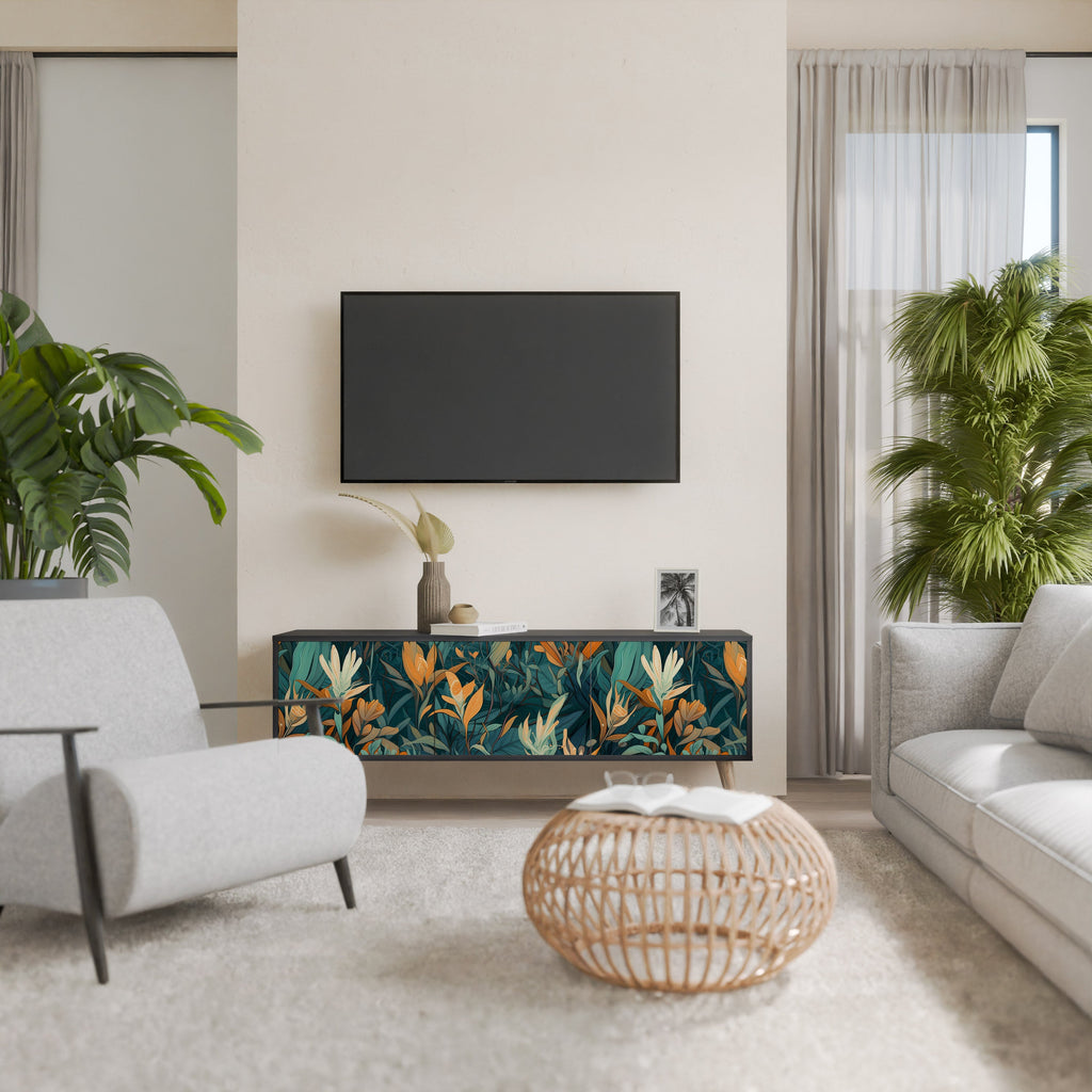 Βάση τηλεόρασης FLORAL SERENITY με 3 πόρτες σε μαύρο φινίρισμα