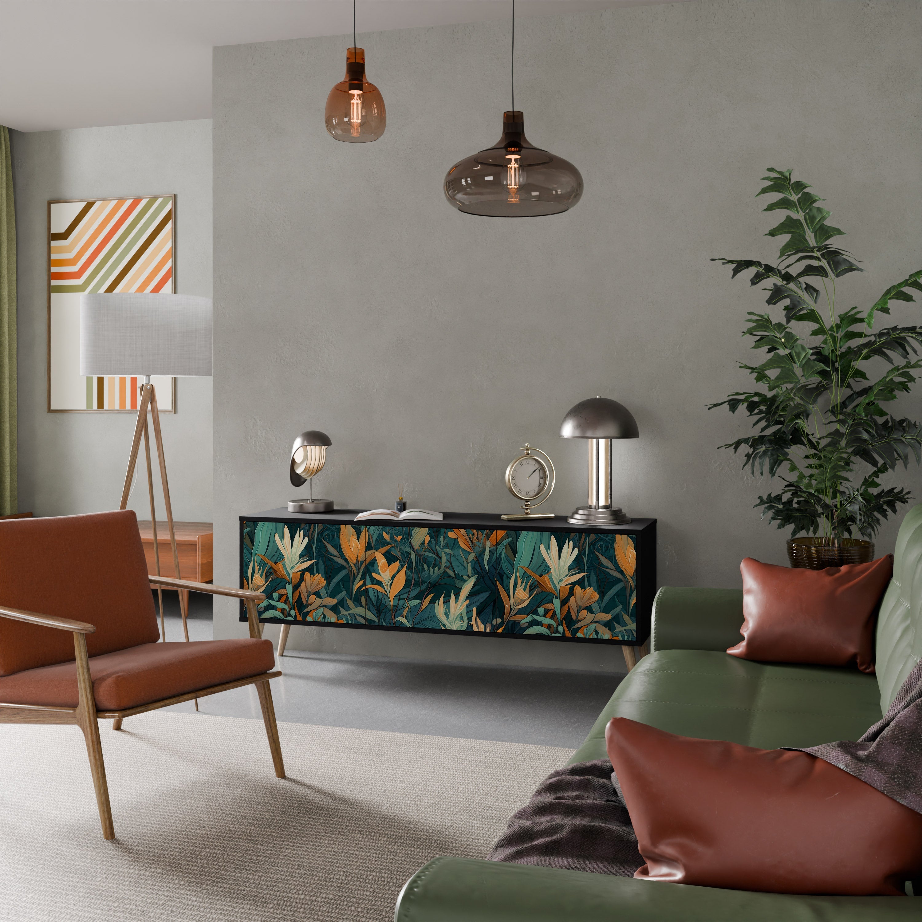 Βάση τηλεόρασης FLORAL SERENITY με 3 πόρτες σε μαύρο φινίρισμα
