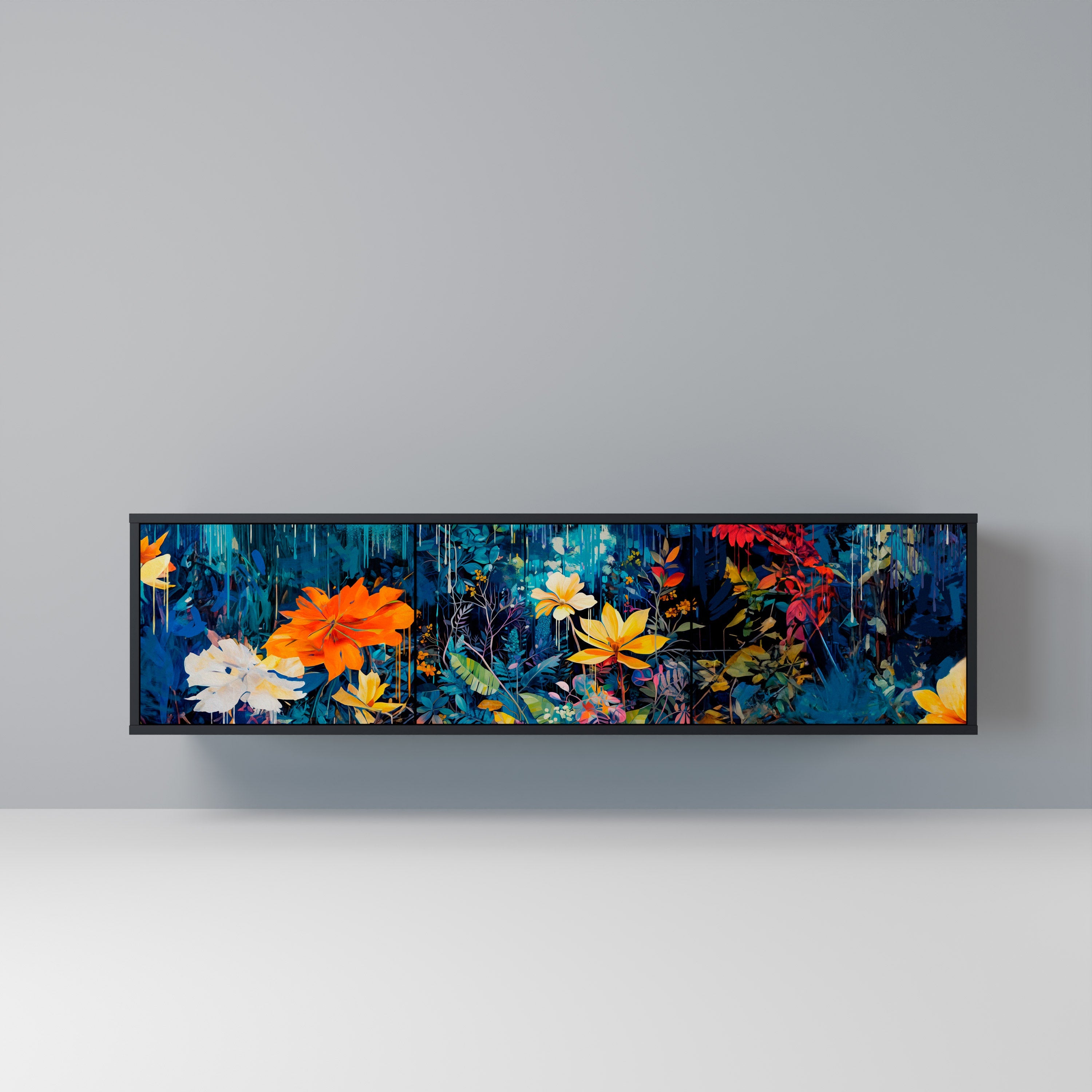 Βάση τηλεόρασης MIDNIGHT BLOSSOM με 3 πόρτες σε μαύρο φινίρισμα