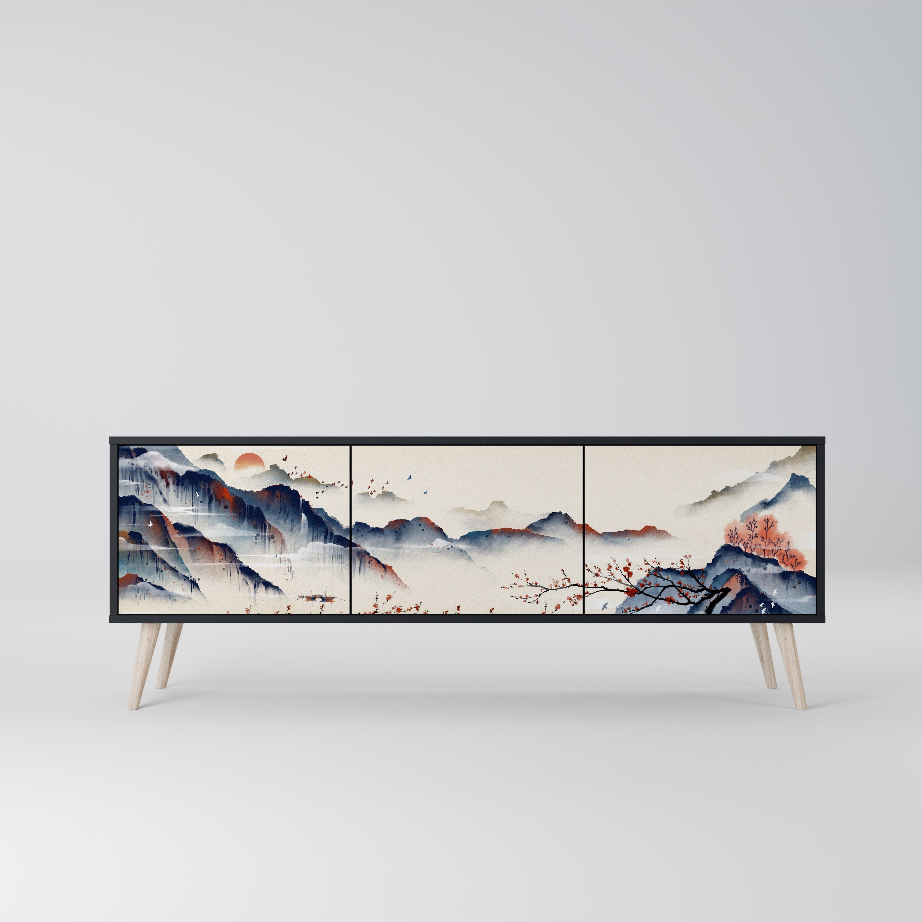 JAPANESE LANDSCAPE 3θυρη βάση τηλεόρασης σε μαύρο φινίρισμα