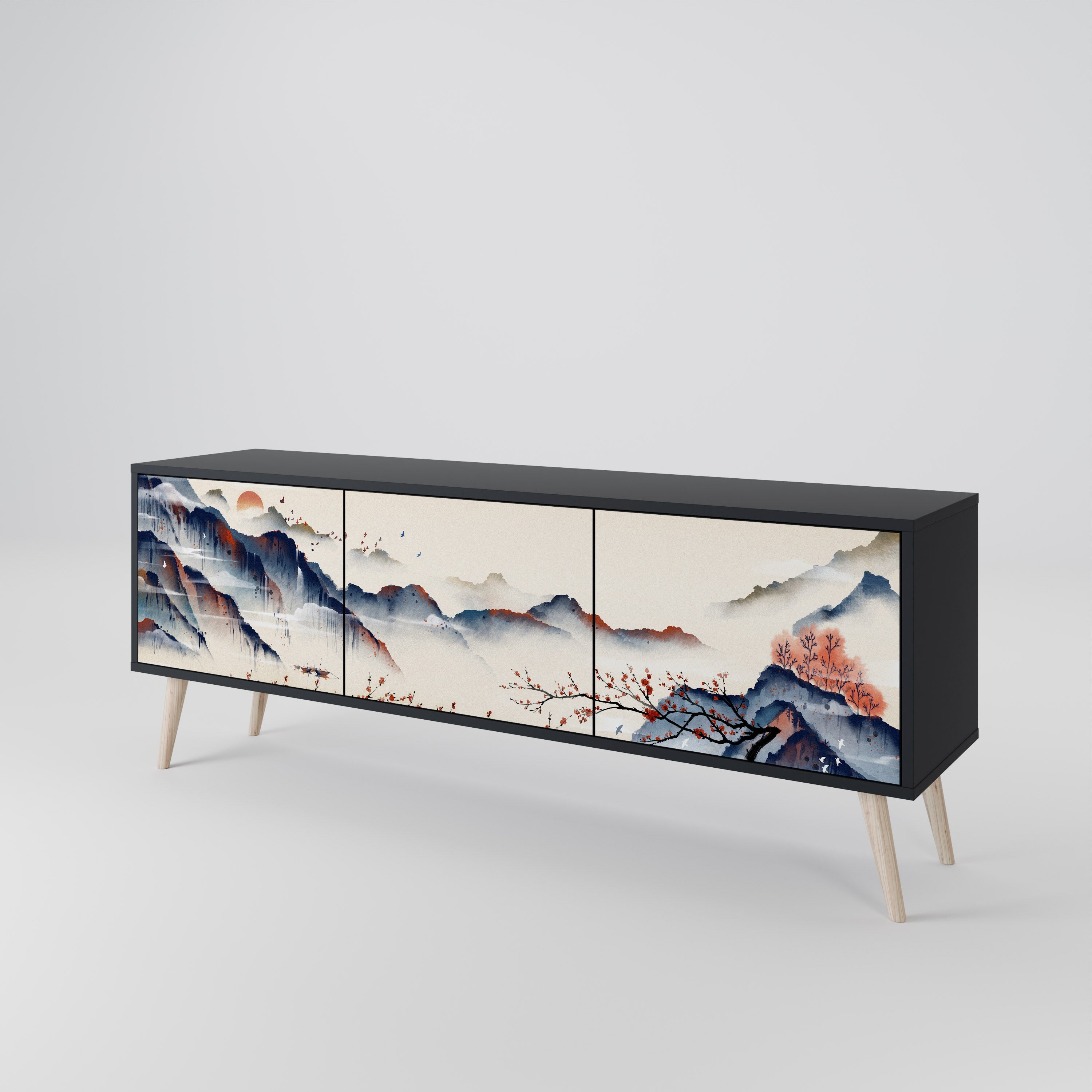 JAPANESE LANDSCAPE 3θυρη βάση τηλεόρασης σε μαύρο φινίρισμα
