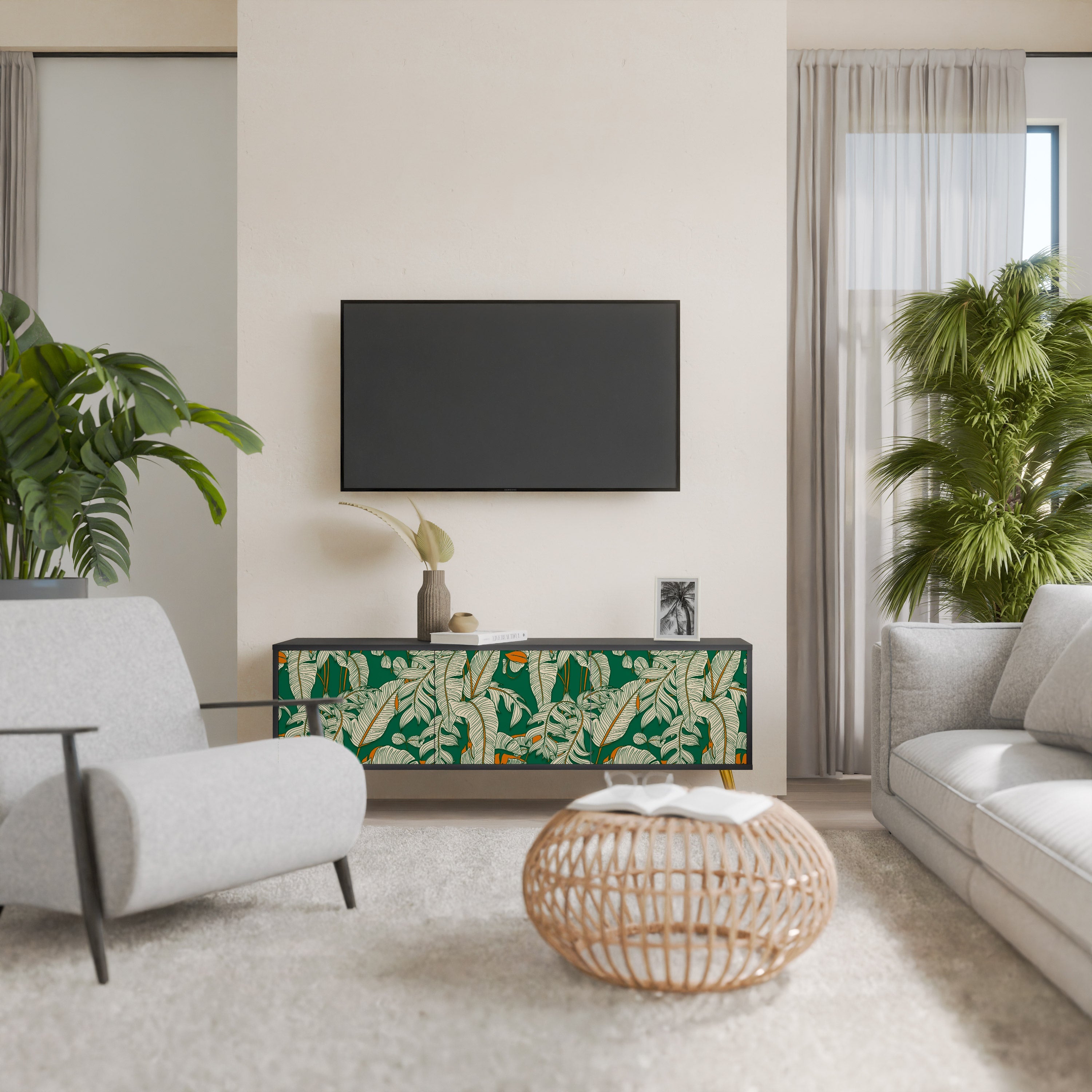 Βάση τηλεόρασης VERDANT PLEASURES με 3 πόρτες σε μαύρο φινίρισμα