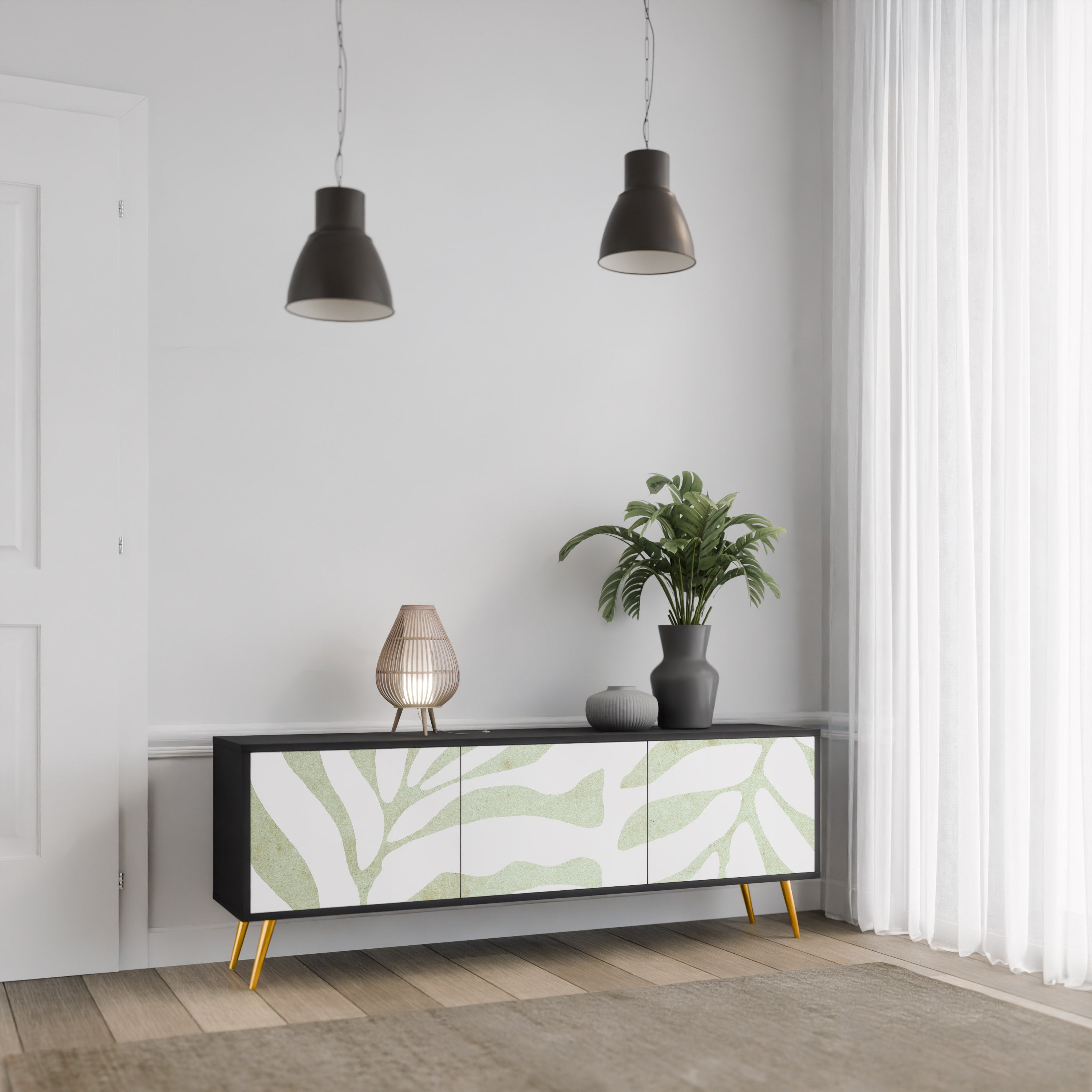 Βάση τηλεόρασης BOTANICAL SPARK 3θυρη σε μαύρο φινίρισμα