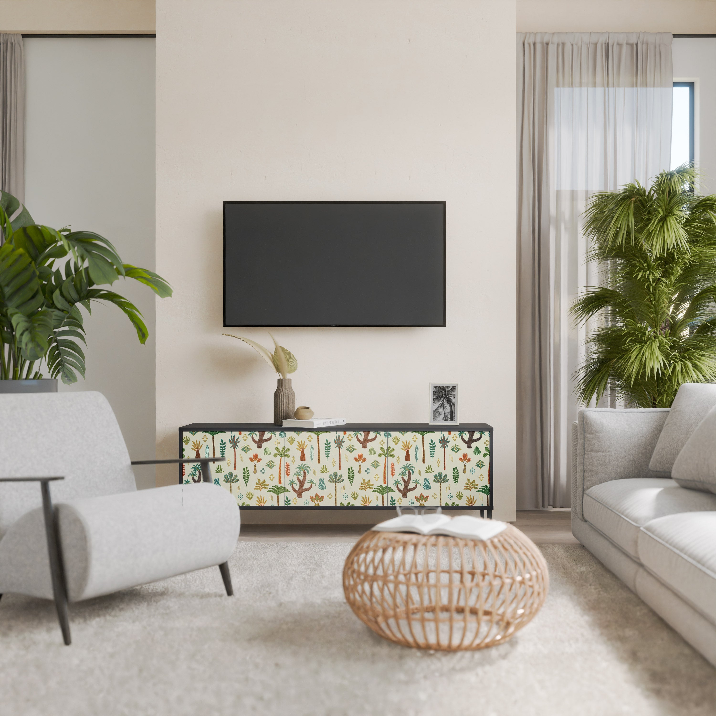 Βάση τηλεόρασης PALM SPRING 3θυρη σε μαύρο φινίρισμα