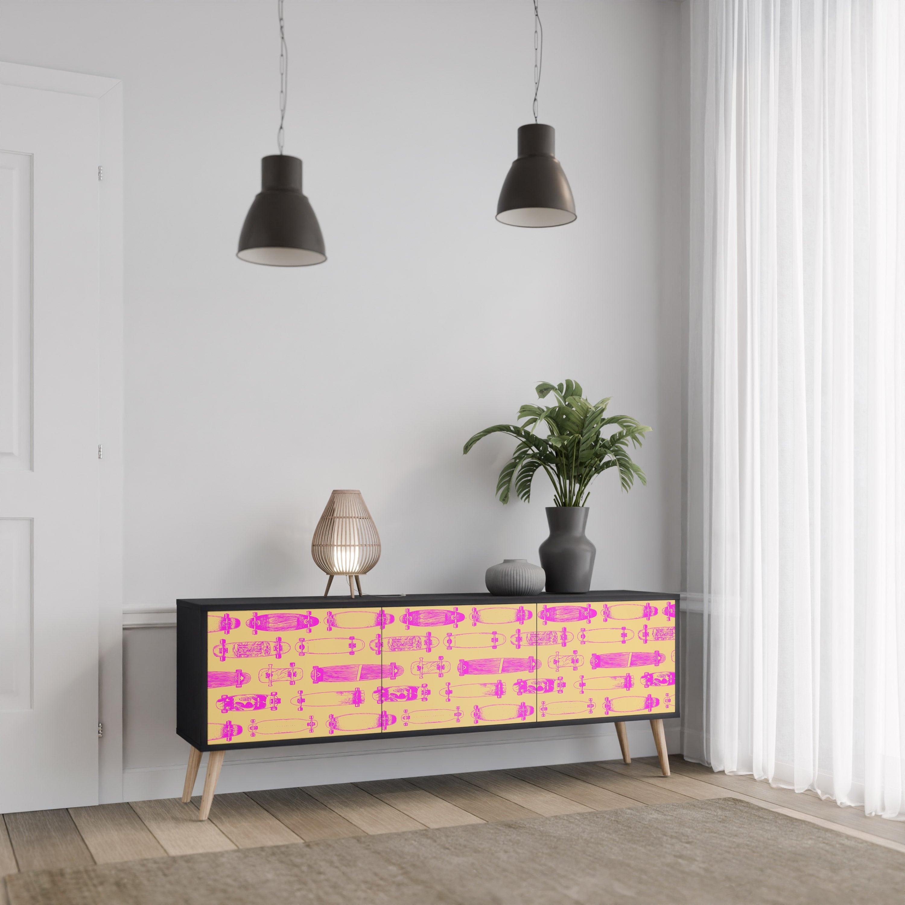 Βάση τηλεόρασης SKATEBOARD ARTISTRY με 3 πόρτες σε μαύρο φινίρισμα