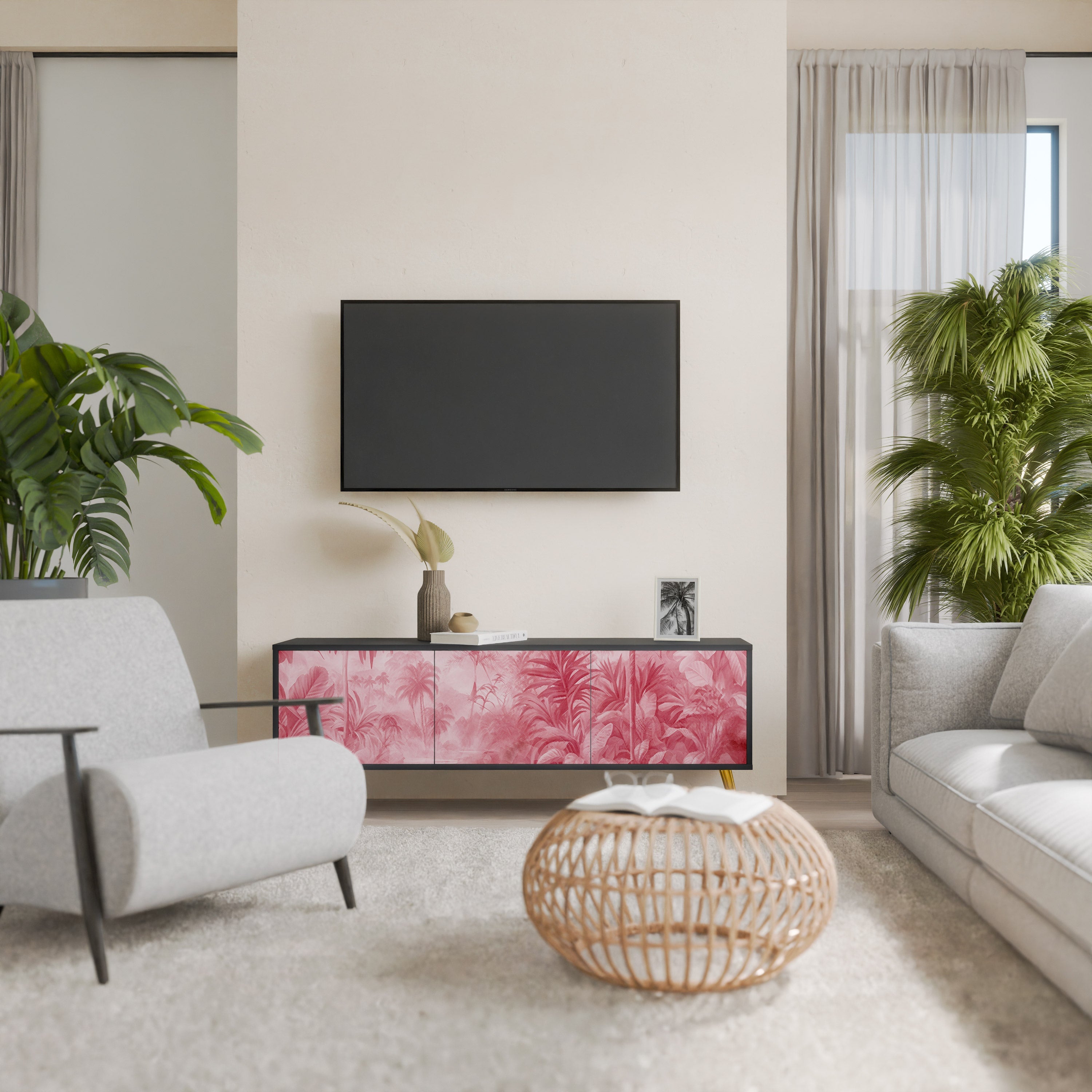 Βάση τηλεόρασης SWEET TROPICS με 3 πόρτες σε μαύρο φινίρισμα