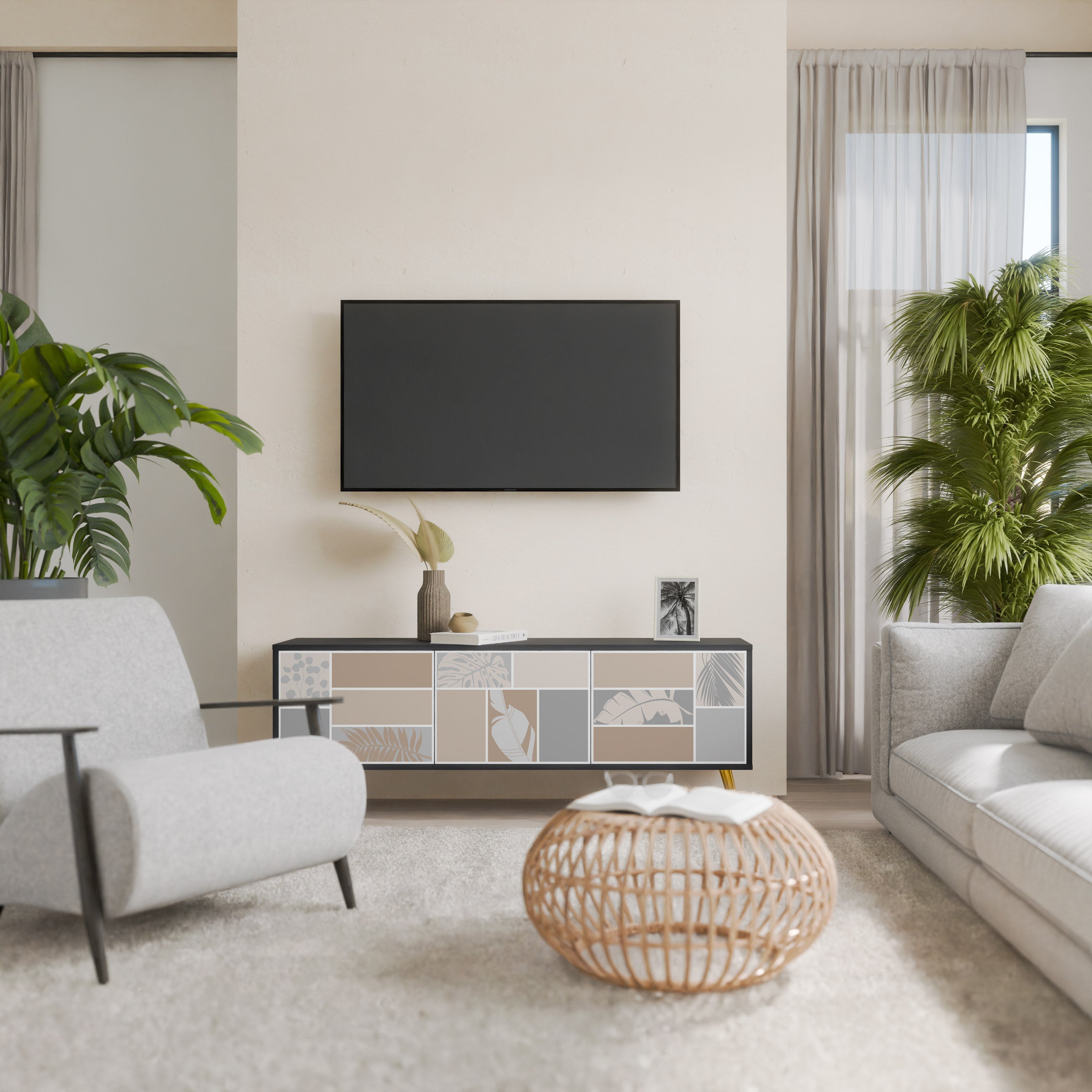 Βάση τηλεόρασης TROPICAL SHAPES με 3 πόρτες σε μαύρο φινίρισμα