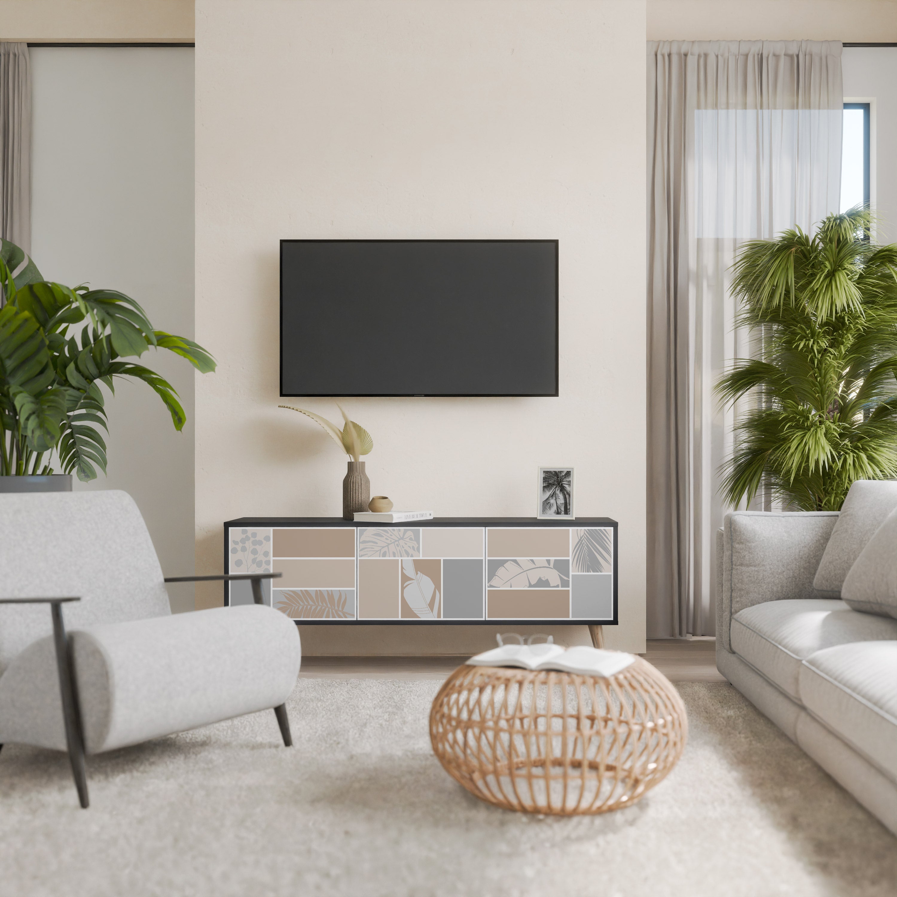 Βάση τηλεόρασης TROPICAL SHAPES με 3 πόρτες σε μαύρο φινίρισμα