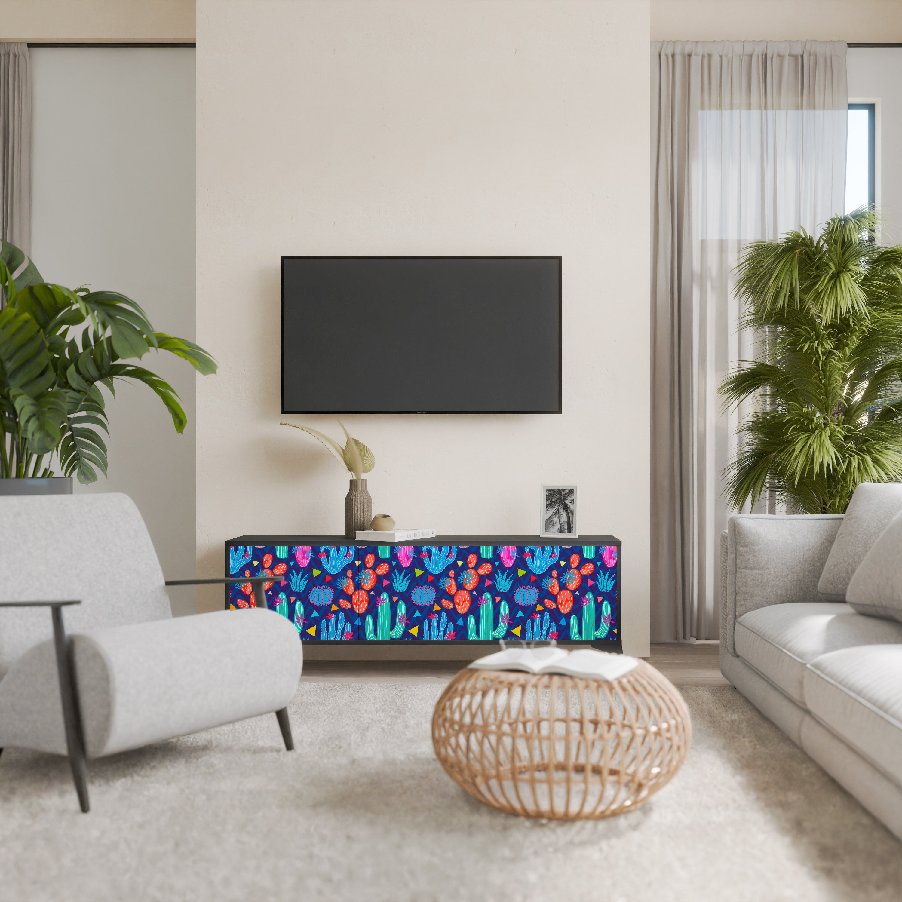 Βάση τηλεόρασης CACTUS VIBES με 3 πόρτες σε μαύρο φινίρισμα