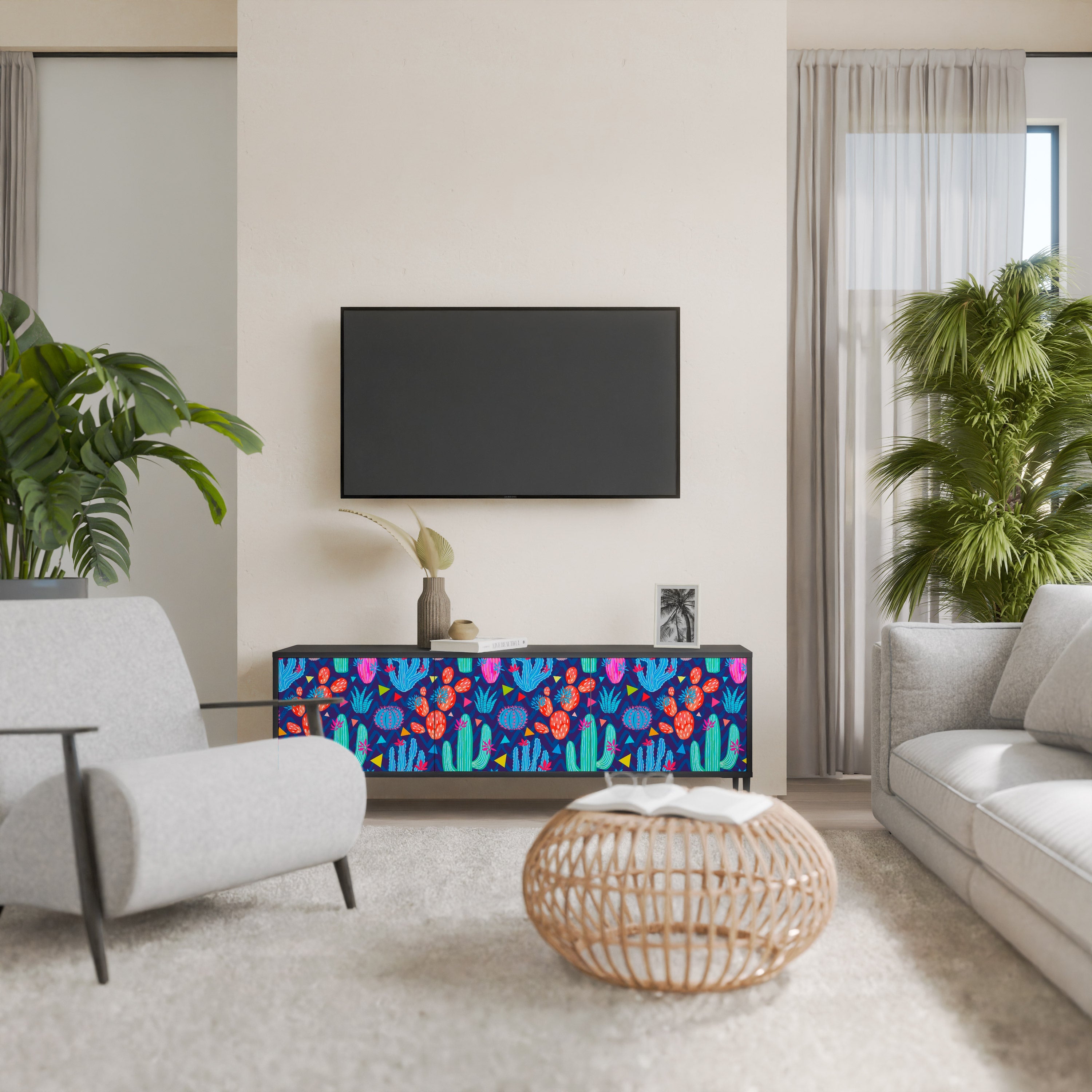 Βάση τηλεόρασης CACTUS VIBES με 3 πόρτες σε μαύρο φινίρισμα