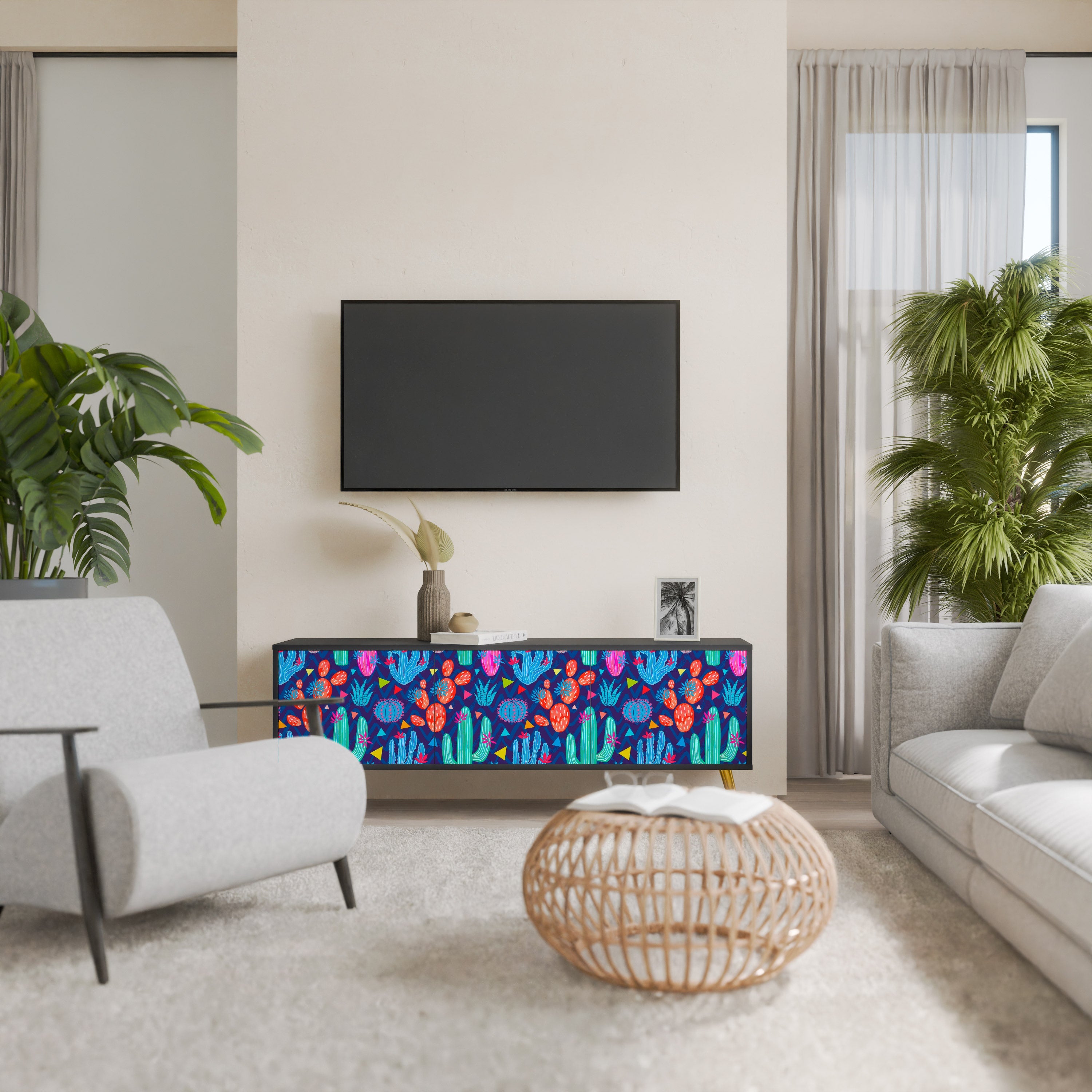 Βάση τηλεόρασης CACTUS VIBES με 3 πόρτες σε μαύρο φινίρισμα