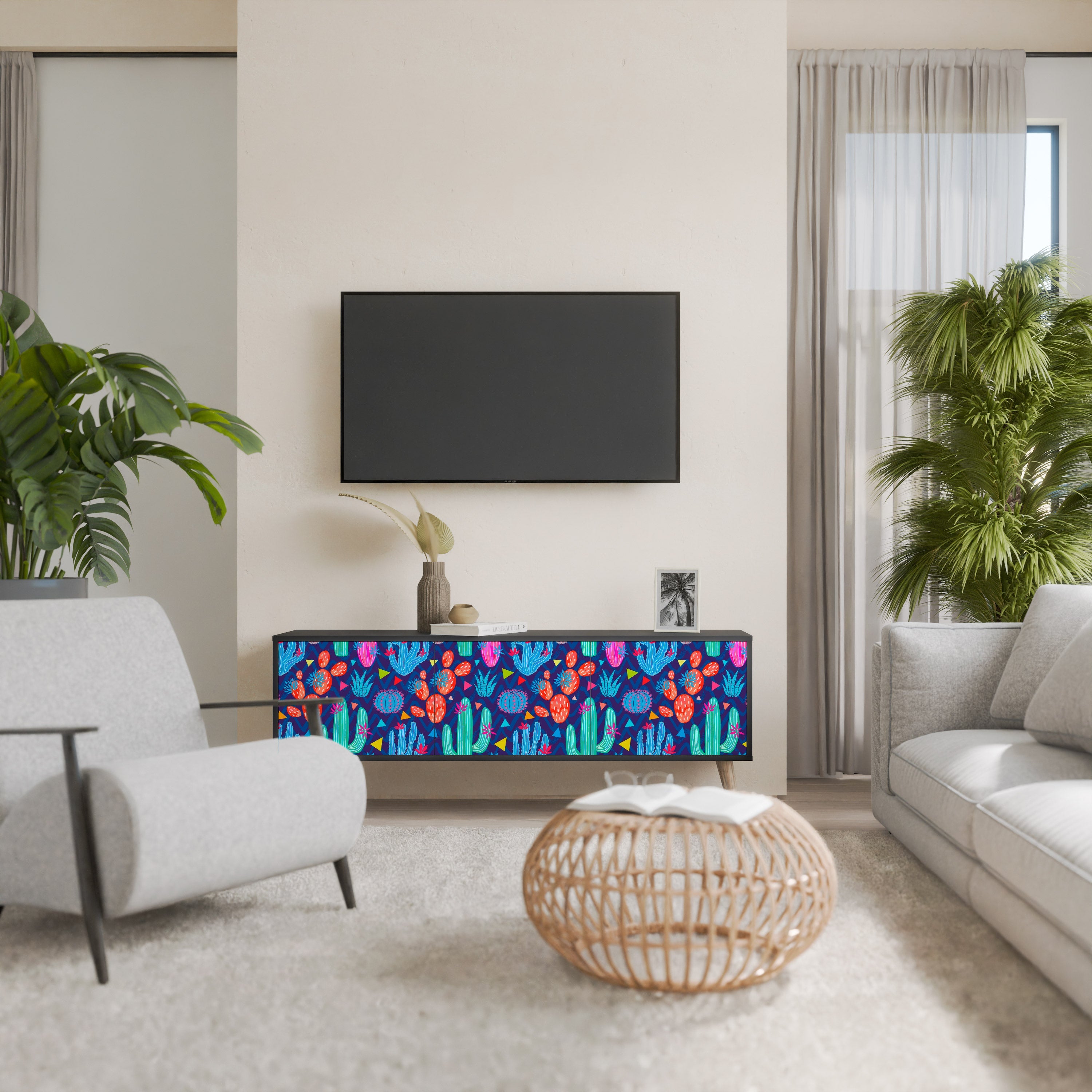 Βάση τηλεόρασης CACTUS VIBES με 3 πόρτες σε μαύρο φινίρισμα