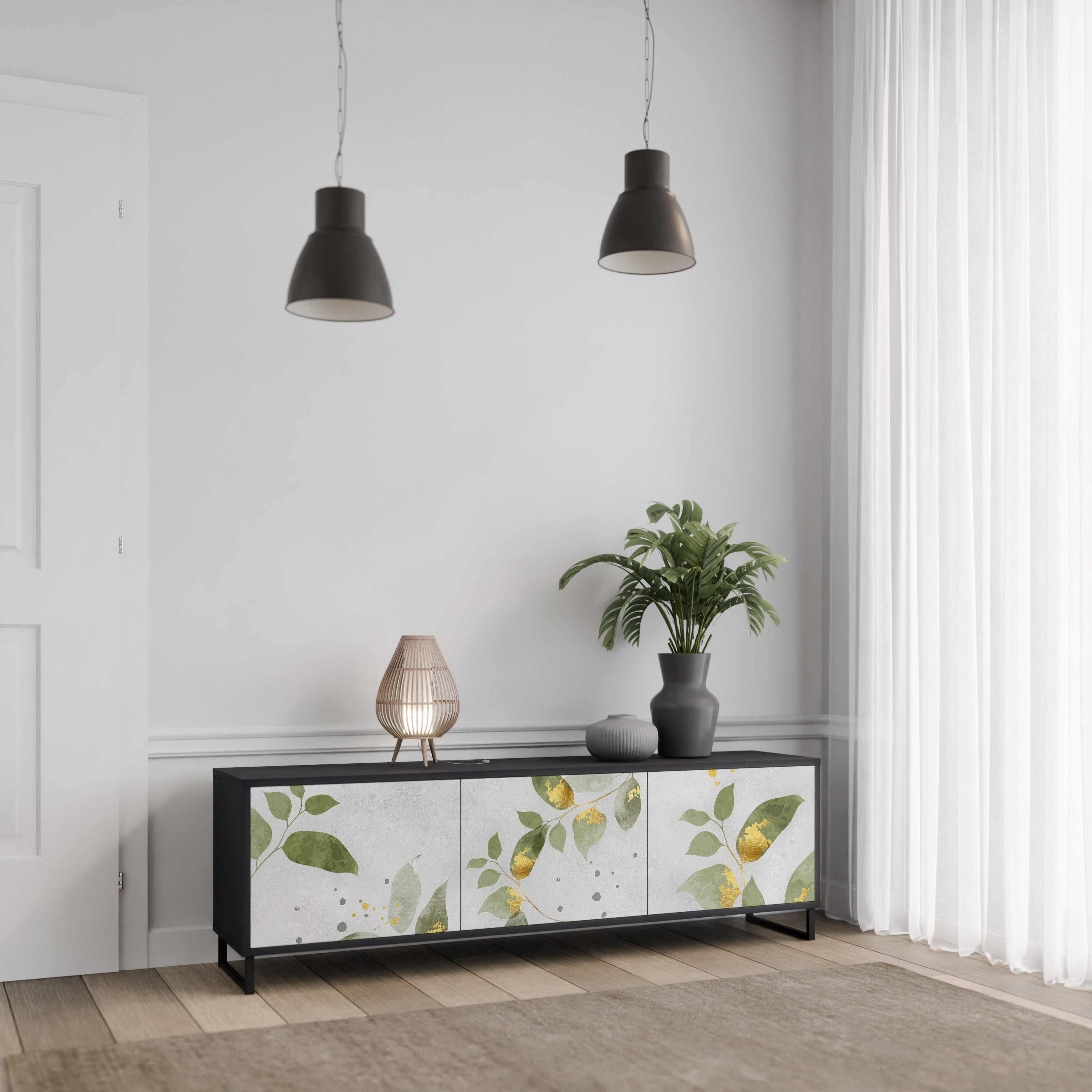 ELEGANT BOTANICS Τρίθυρη βάση τηλεόρασης σε μαύρο φινίρισμα