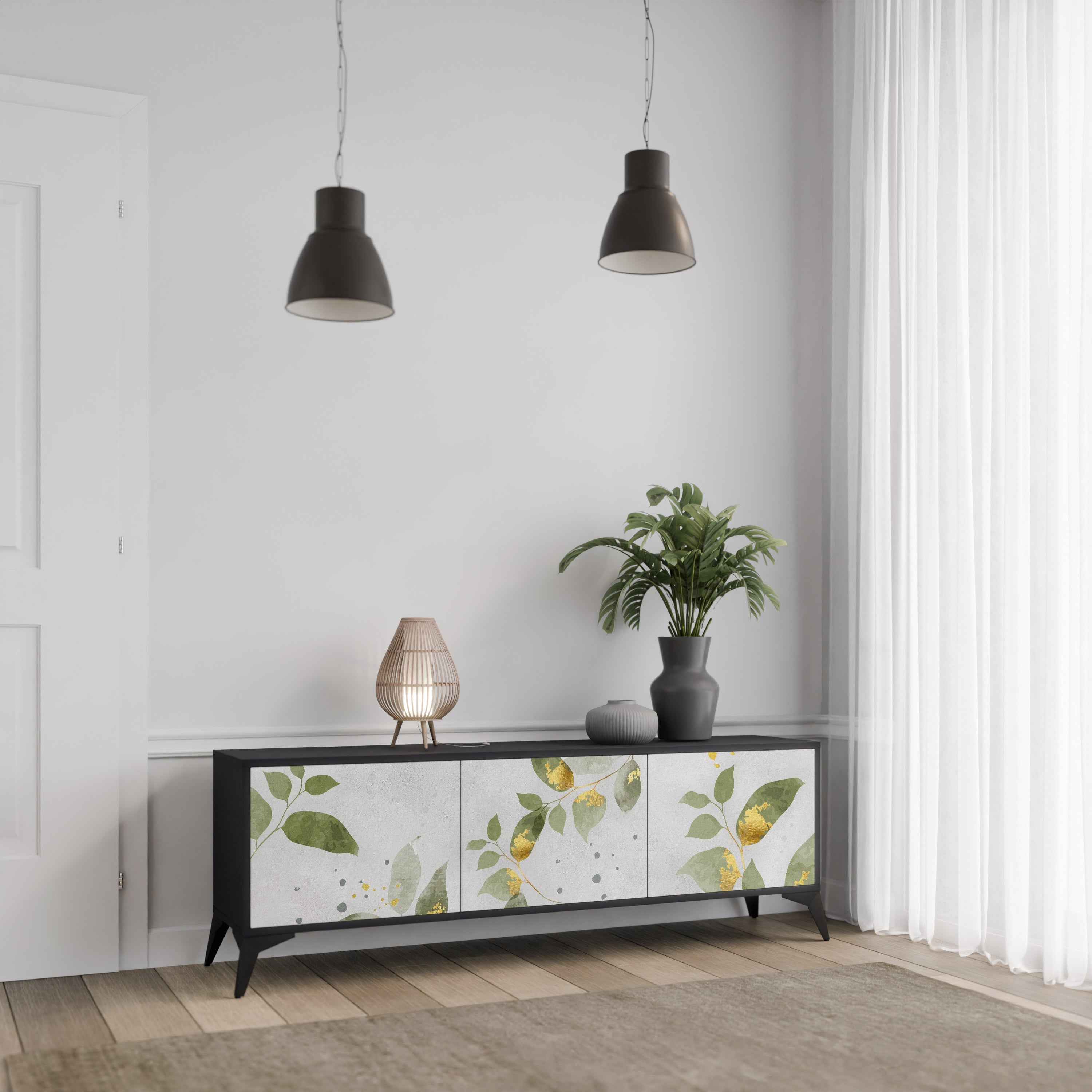 ELEGANT BOTANICS Τρίθυρη βάση τηλεόρασης σε μαύρο φινίρισμα