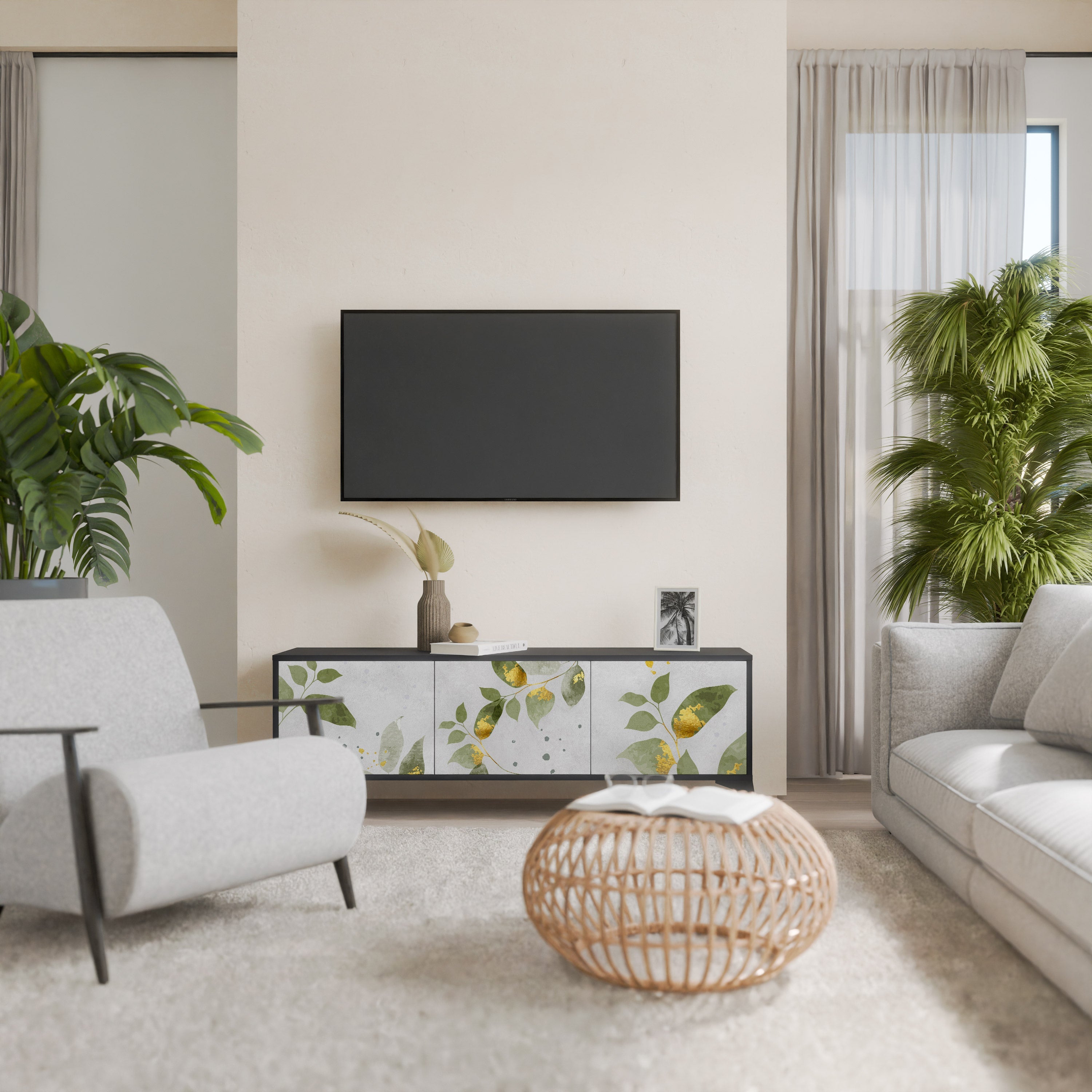 ELEGANT BOTANICS Τρίθυρη βάση τηλεόρασης σε μαύρο φινίρισμα