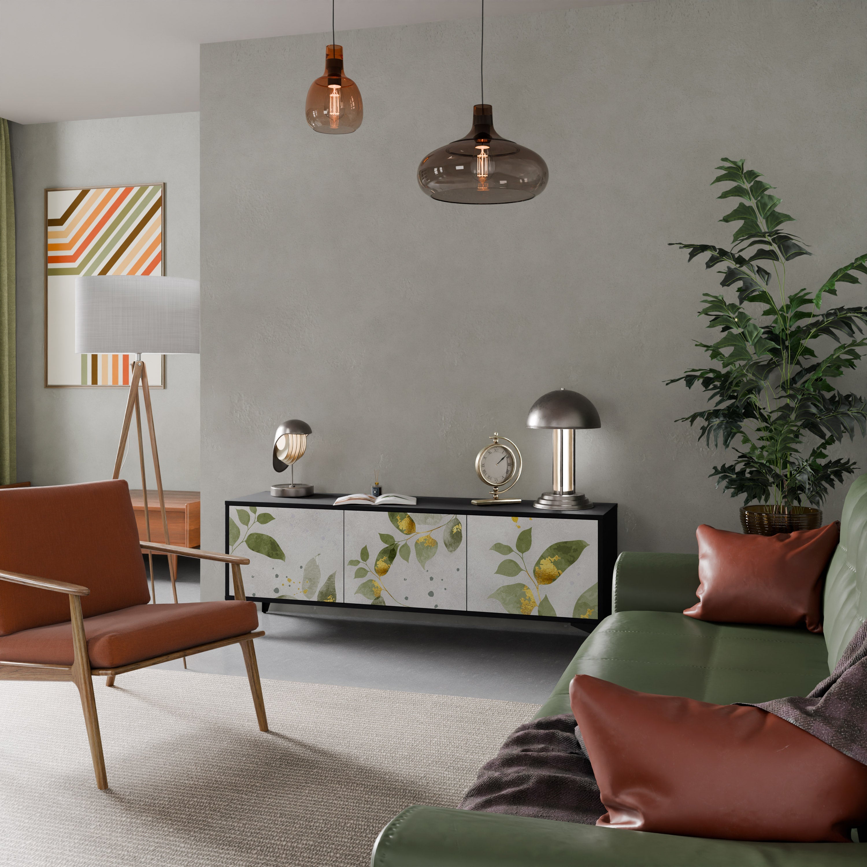 ELEGANT BOTANICS Τρίθυρη βάση τηλεόρασης σε μαύρο φινίρισμα