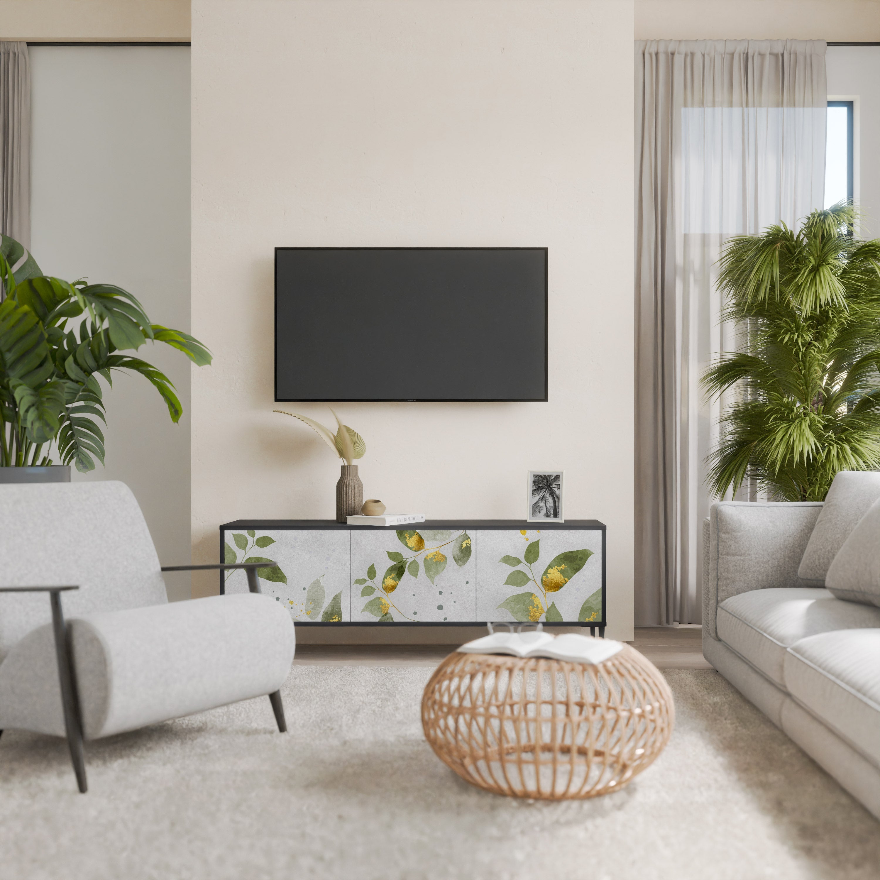 ELEGANT BOTANICS Τρίθυρη βάση τηλεόρασης σε μαύρο φινίρισμα