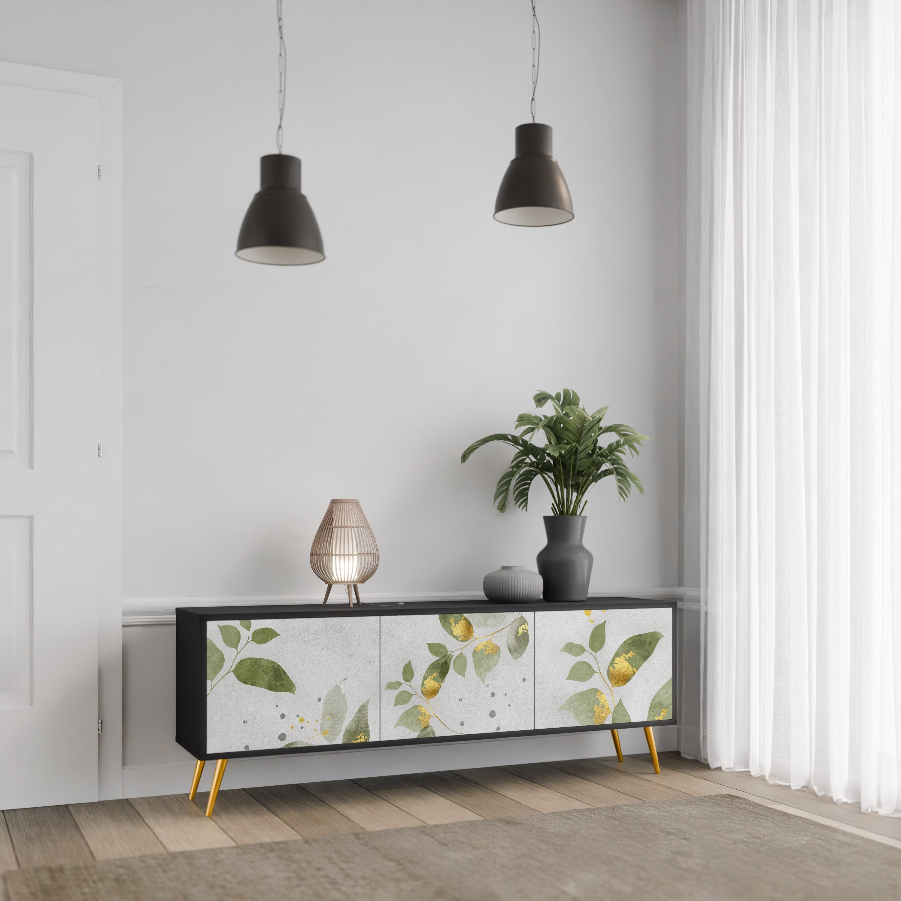 ELEGANT BOTANICS Τρίθυρη βάση τηλεόρασης σε μαύρο φινίρισμα